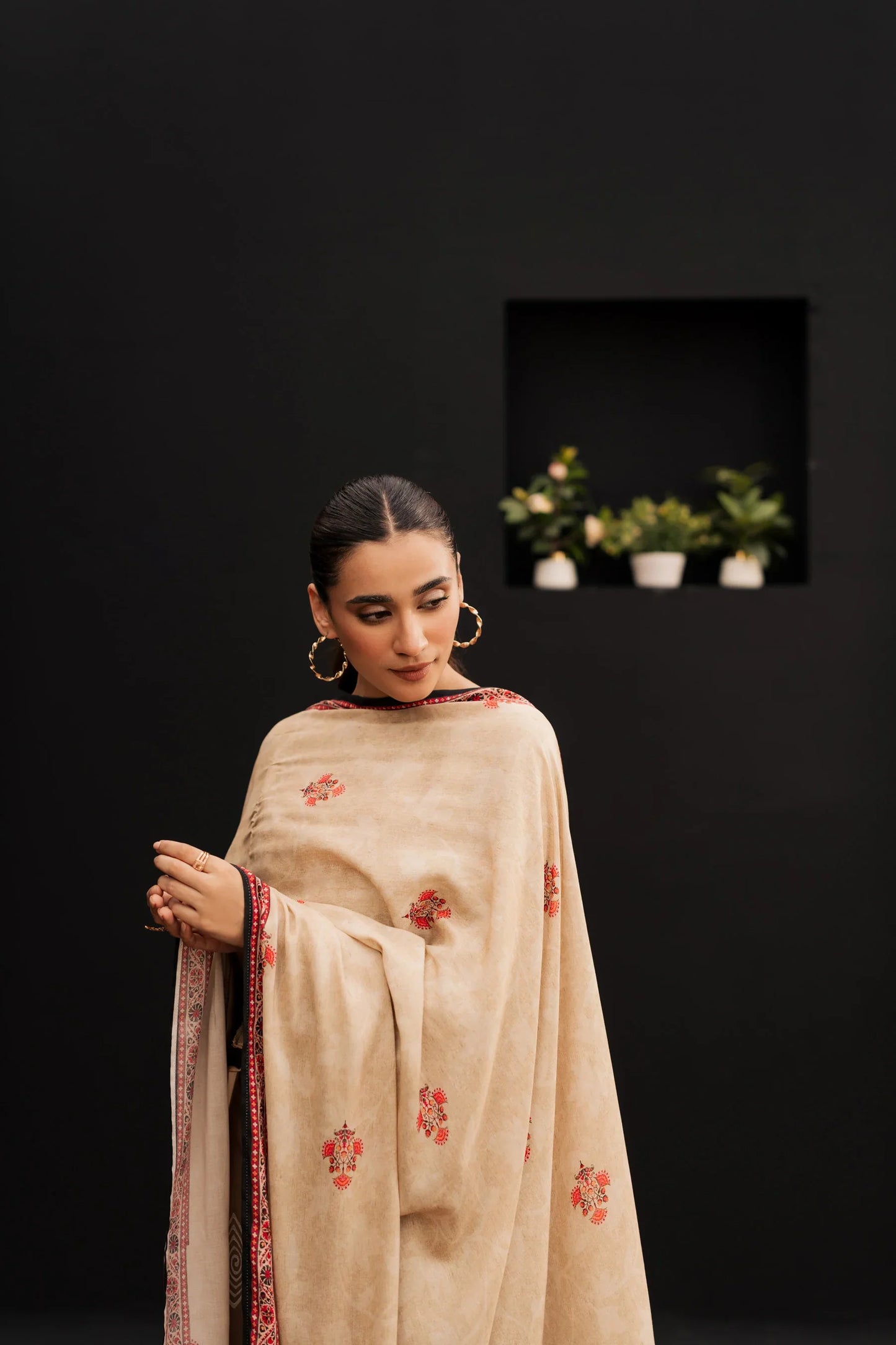 Caramel Beige Embroidered Kurta Set with Kashmiri-Inspired Shawl