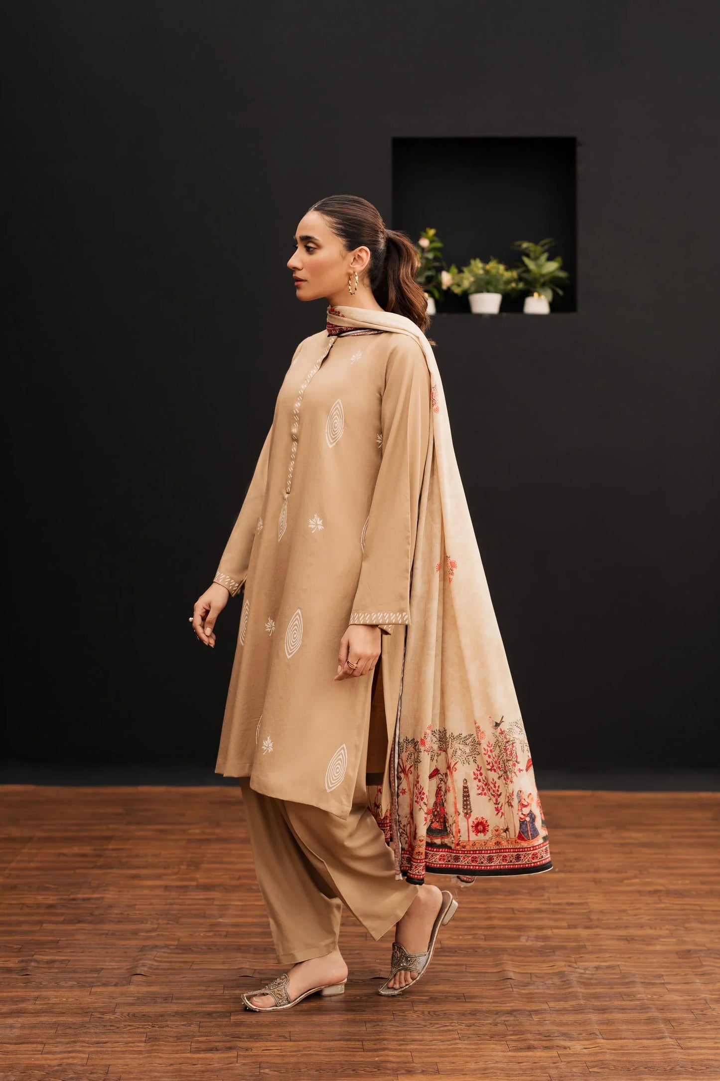 Caramel Beige Embroidered Kurta Set with Kashmiri-Inspired Shawl