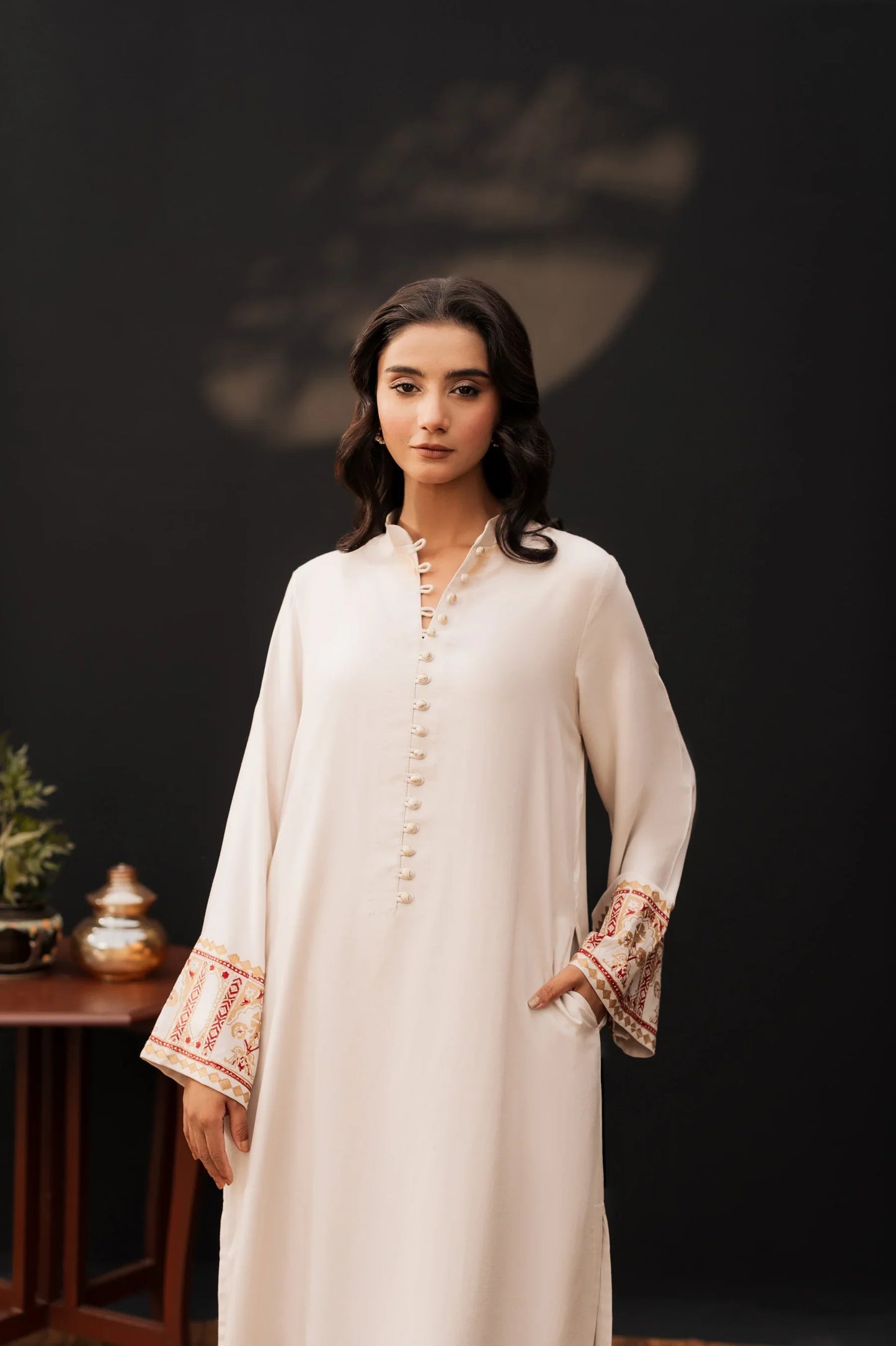 Ivory Maroon Classic Embroidered Kurta Set with Shawl