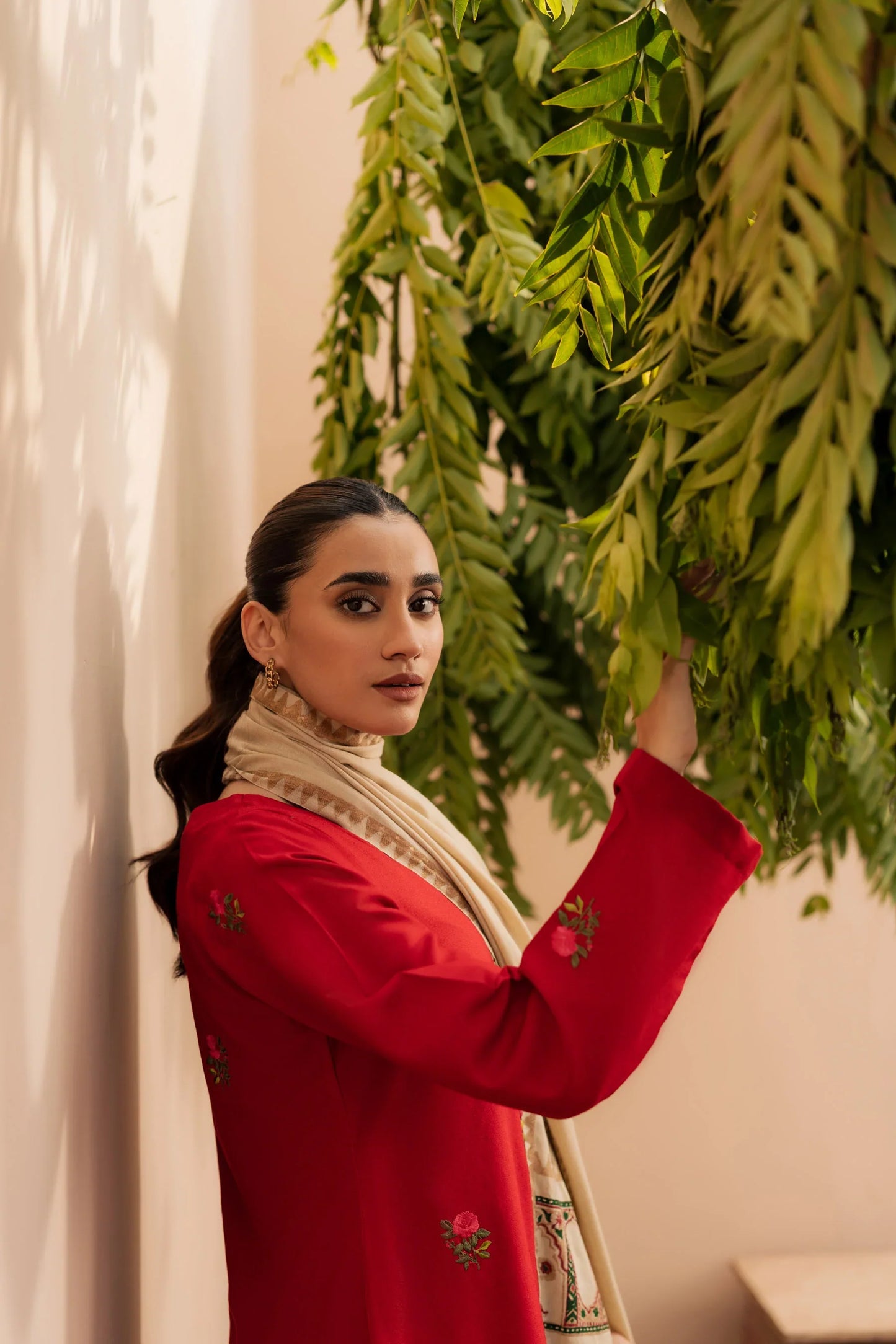 Crimson Ivory Embroidered Kurta Set with Shawl