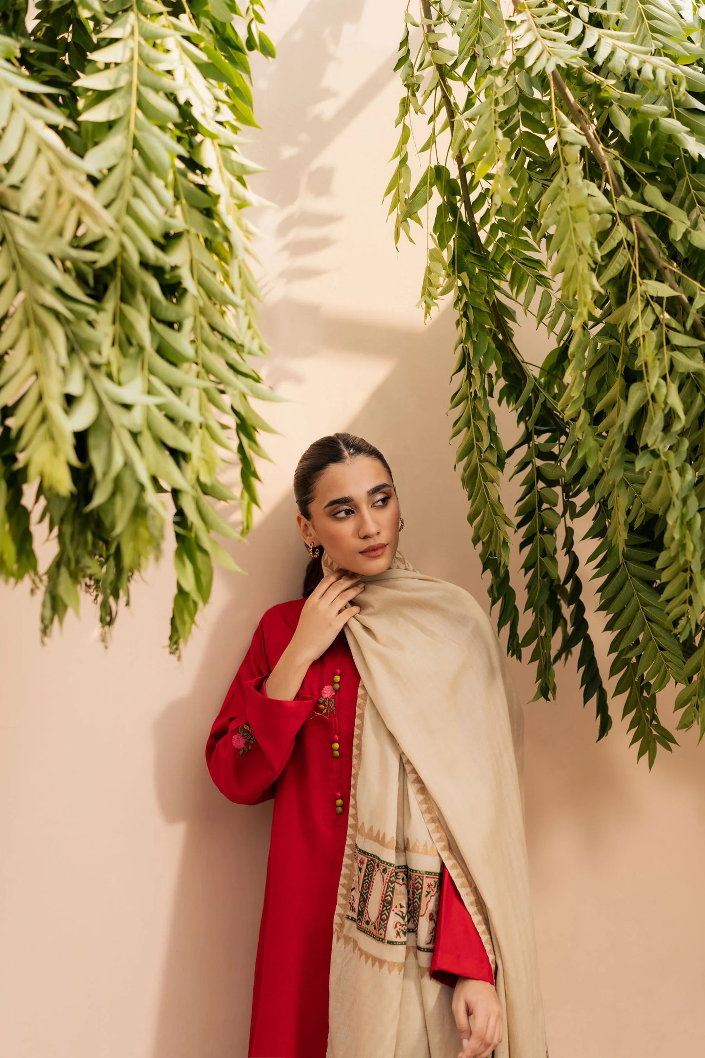 Crimson Ivory Embroidered Kurta Set with Shawl