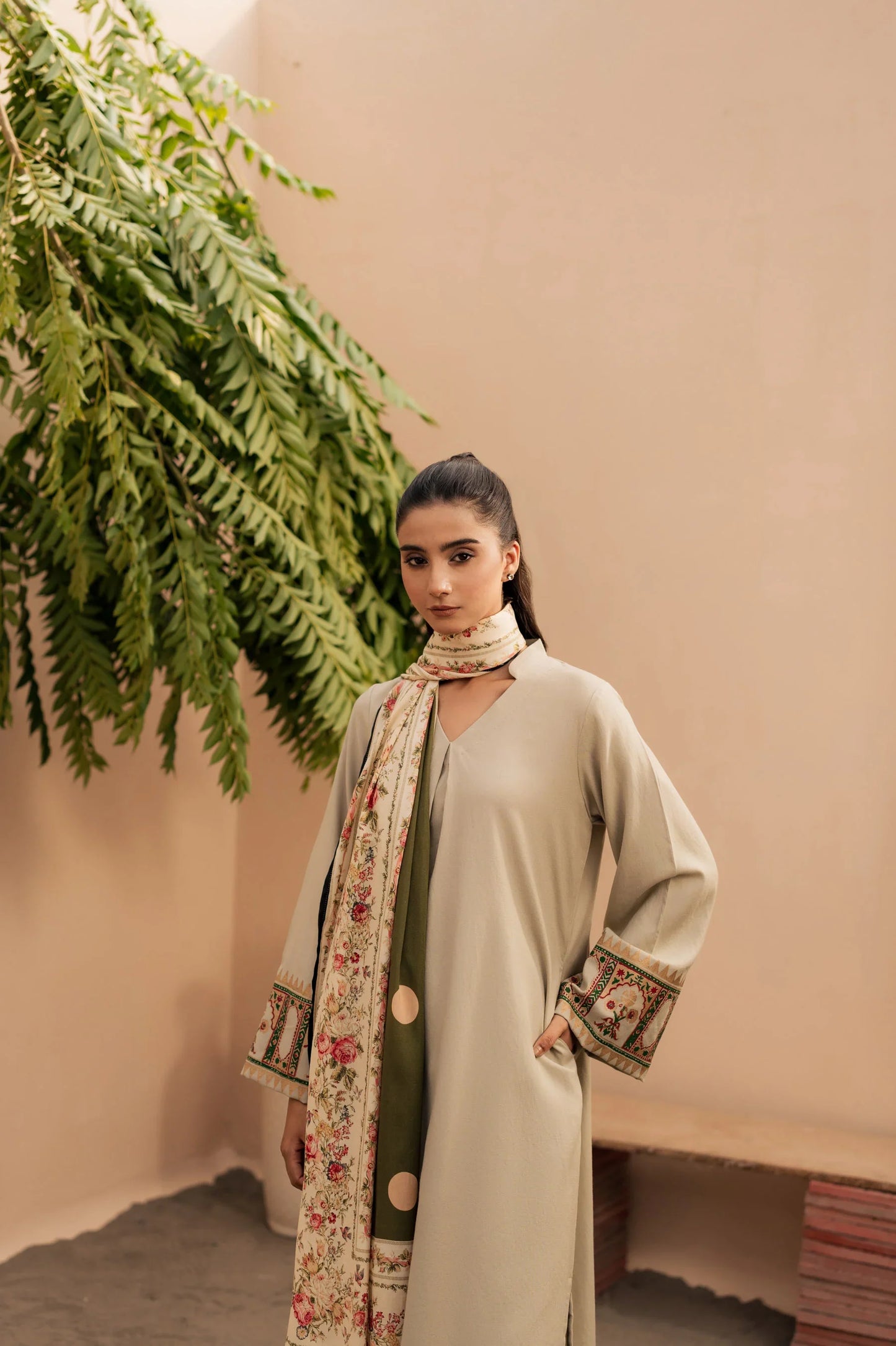 Ivory Bloom Embroidered Kurta Set with Shawl