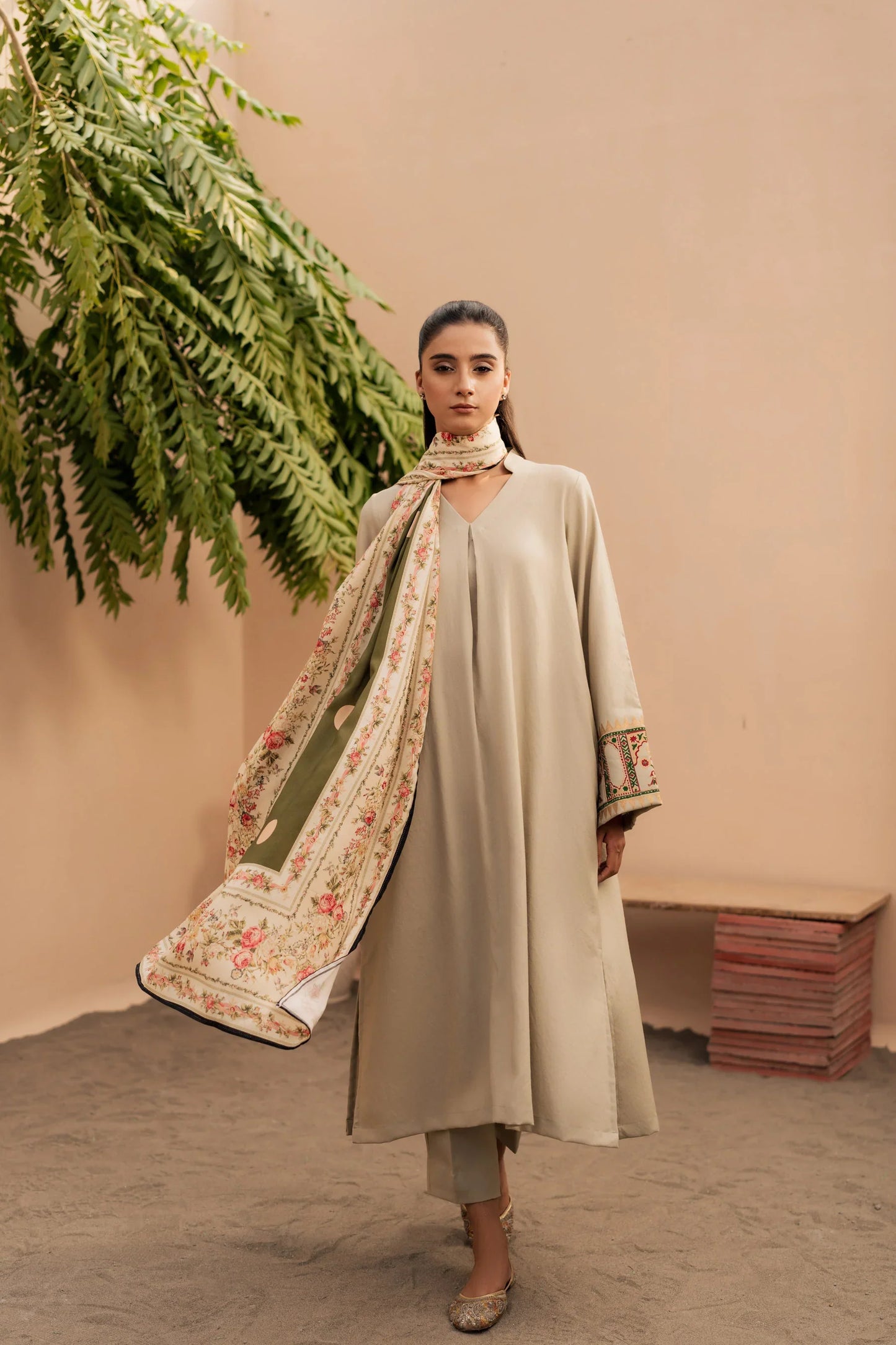 Ivory Bloom Embroidered Kurta Set with Shawl