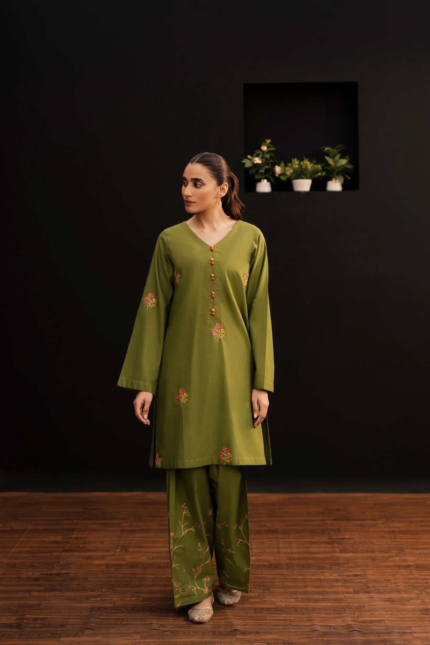 Olive Teal Embroidered Kurta Set with Shawl