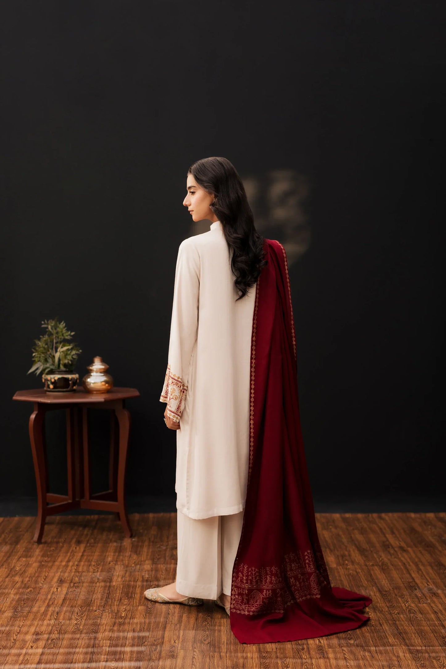 Ivory Maroon Classic Embroidered Kurta Set with Shawl