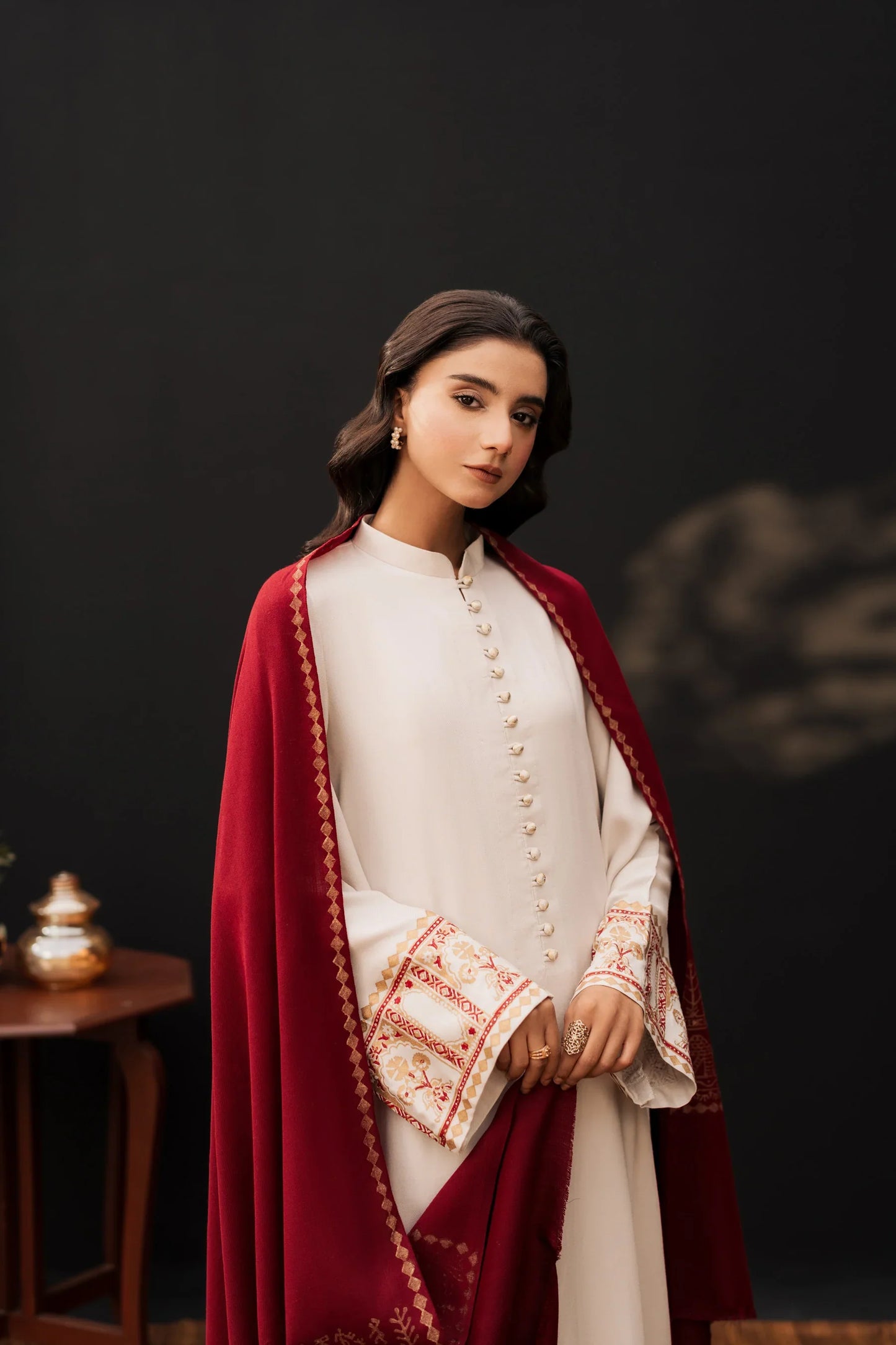 Ivory Maroon Classic Embroidered Kurta Set with Shawl
