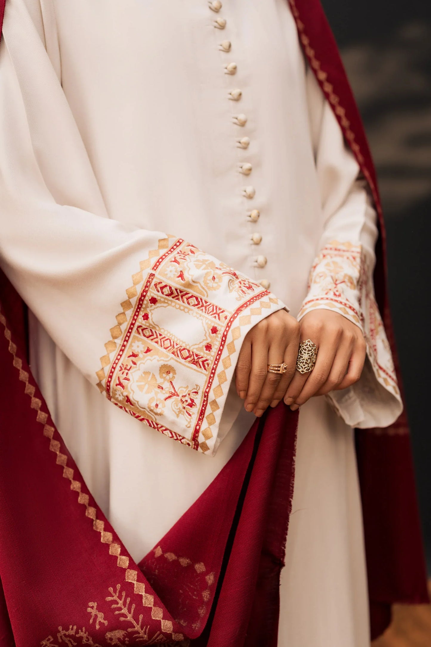 Ivory Maroon Classic Embroidered Kurta Set with Shawl