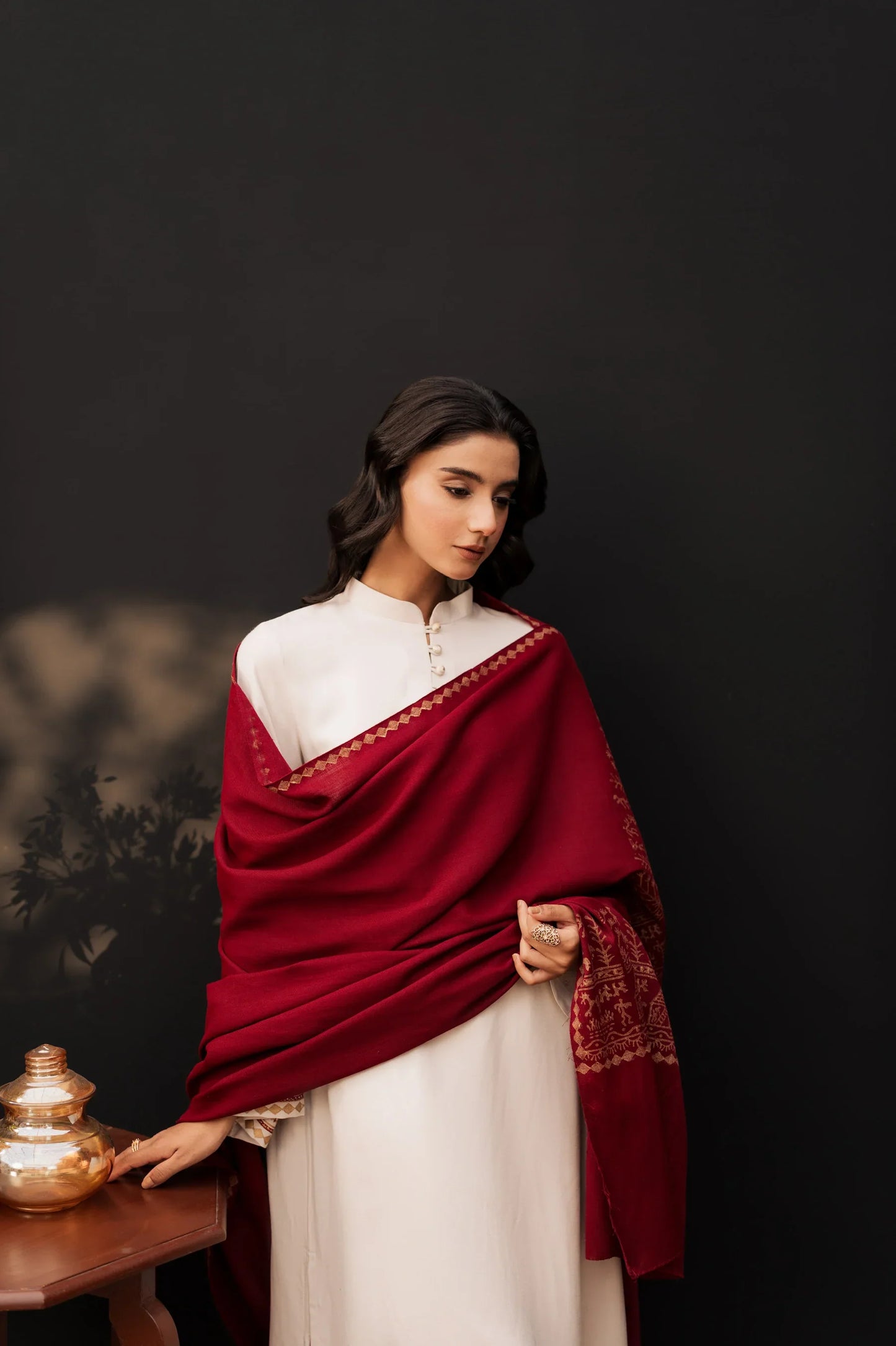 Ivory Maroon Classic Embroidered Kurta Set with Shawl