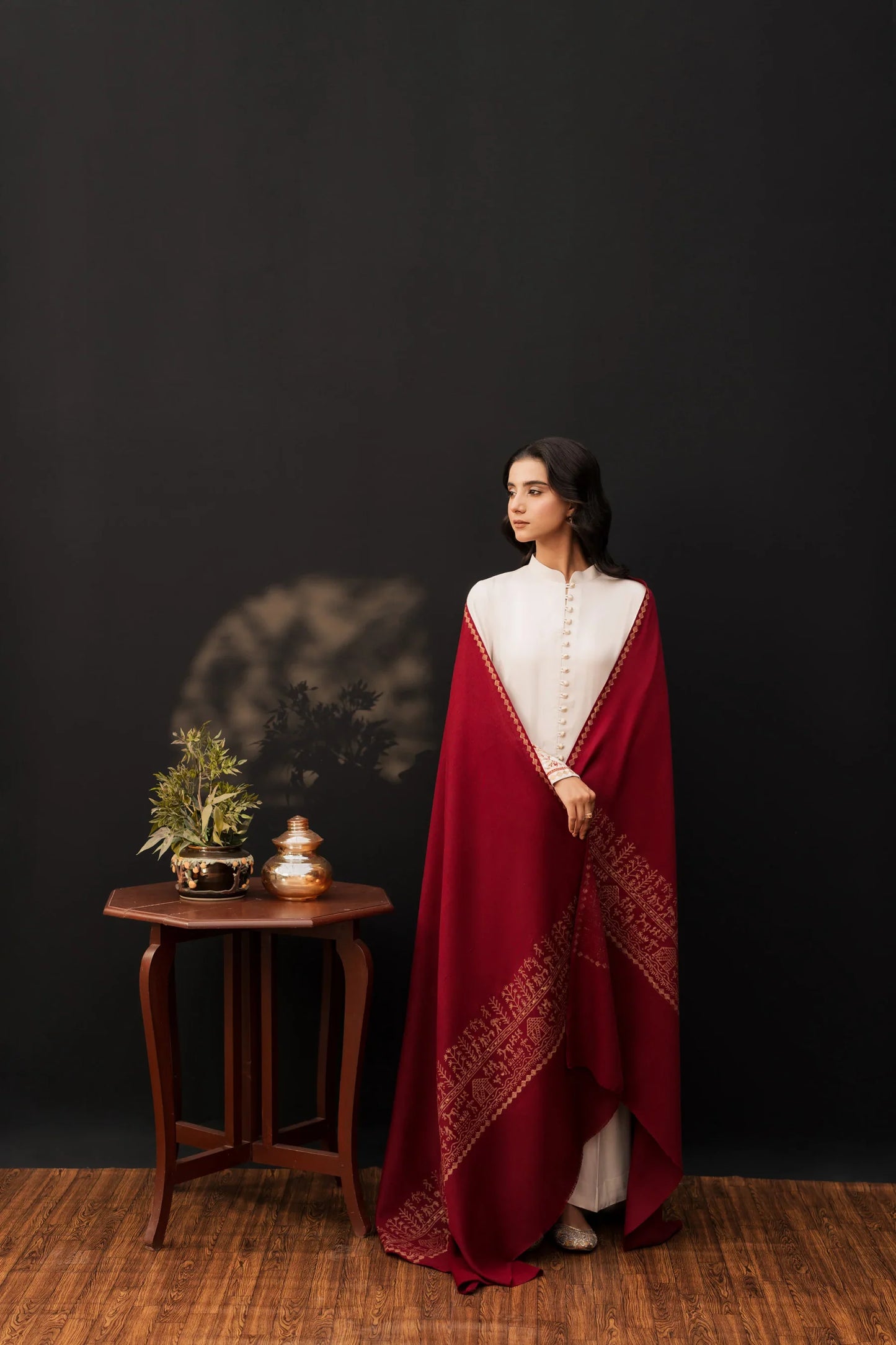Ivory Maroon Classic Embroidered Kurta Set with Shawl