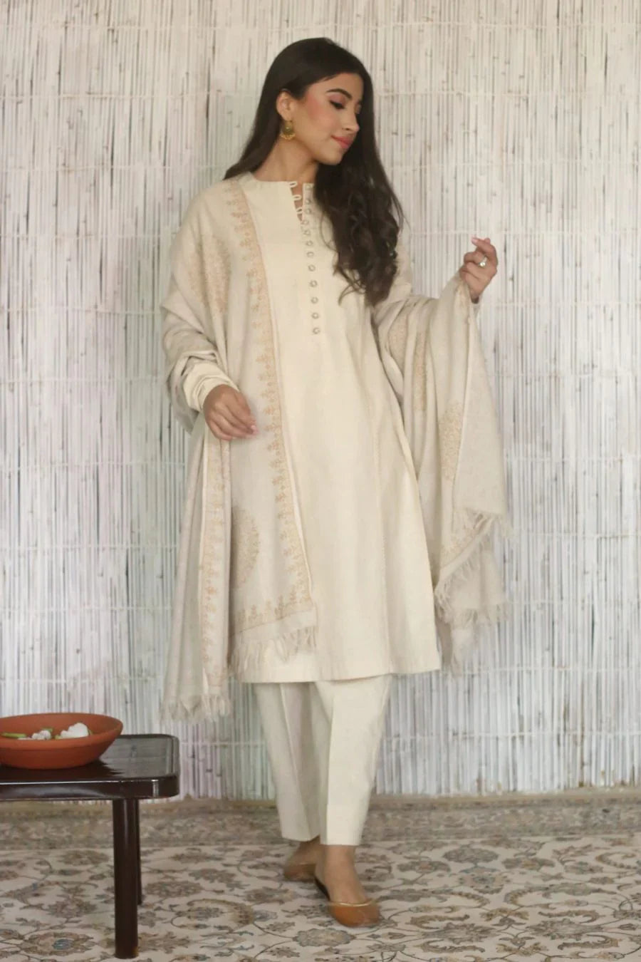 Milano Ivory Hand-Embroidered Winter Kurta Set with Shawl