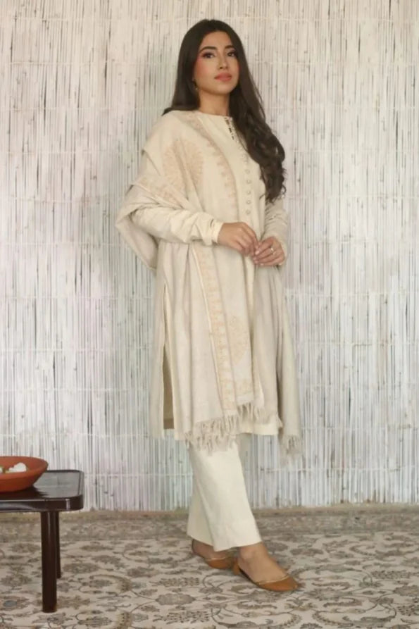 Milano Ivory Hand-Embroidered Winter Kurta Set with Shawl