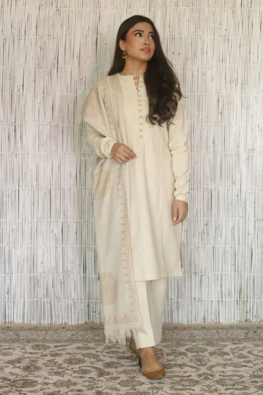Milano Ivory Hand-Embroidered Winter Kurta Set with Shawl