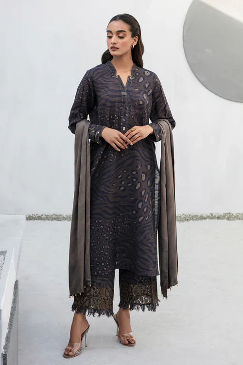 Charcoal Mist Printed Slub Khaddar Suit Set with Embroidered Trouser