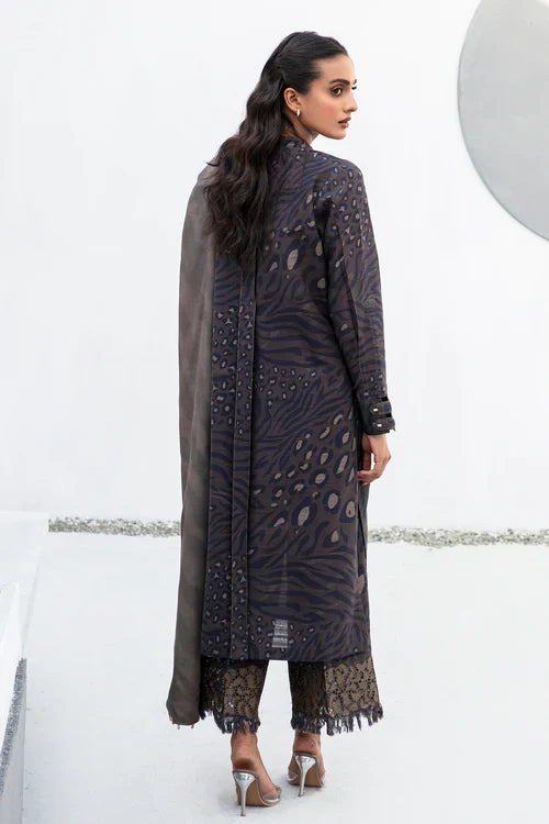 Charcoal Mist Printed Slub Khaddar Suit Set with Embroidered Trouser