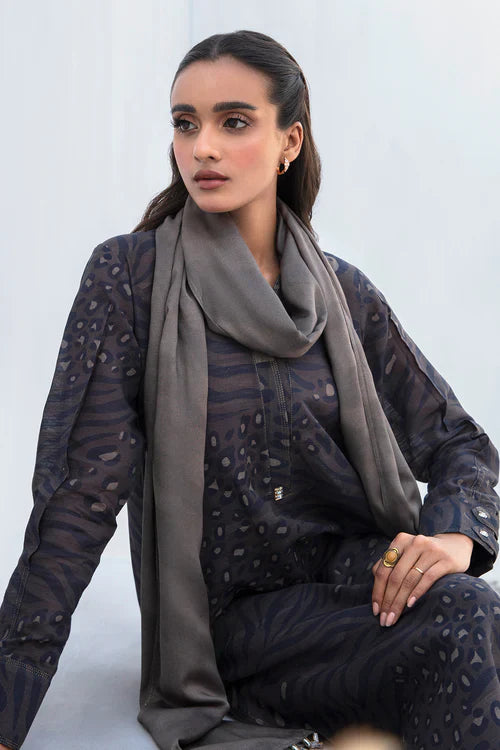 Charcoal Mist Printed Slub Khaddar Suit Set with Embroidered Trouser