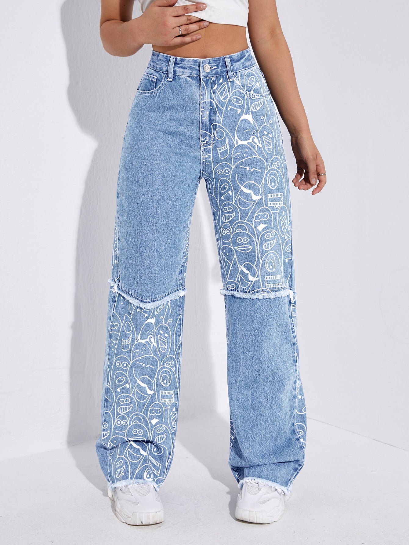 High-Waist Cartoon Print Raw Hem Straight-Leg Jeans for Women
