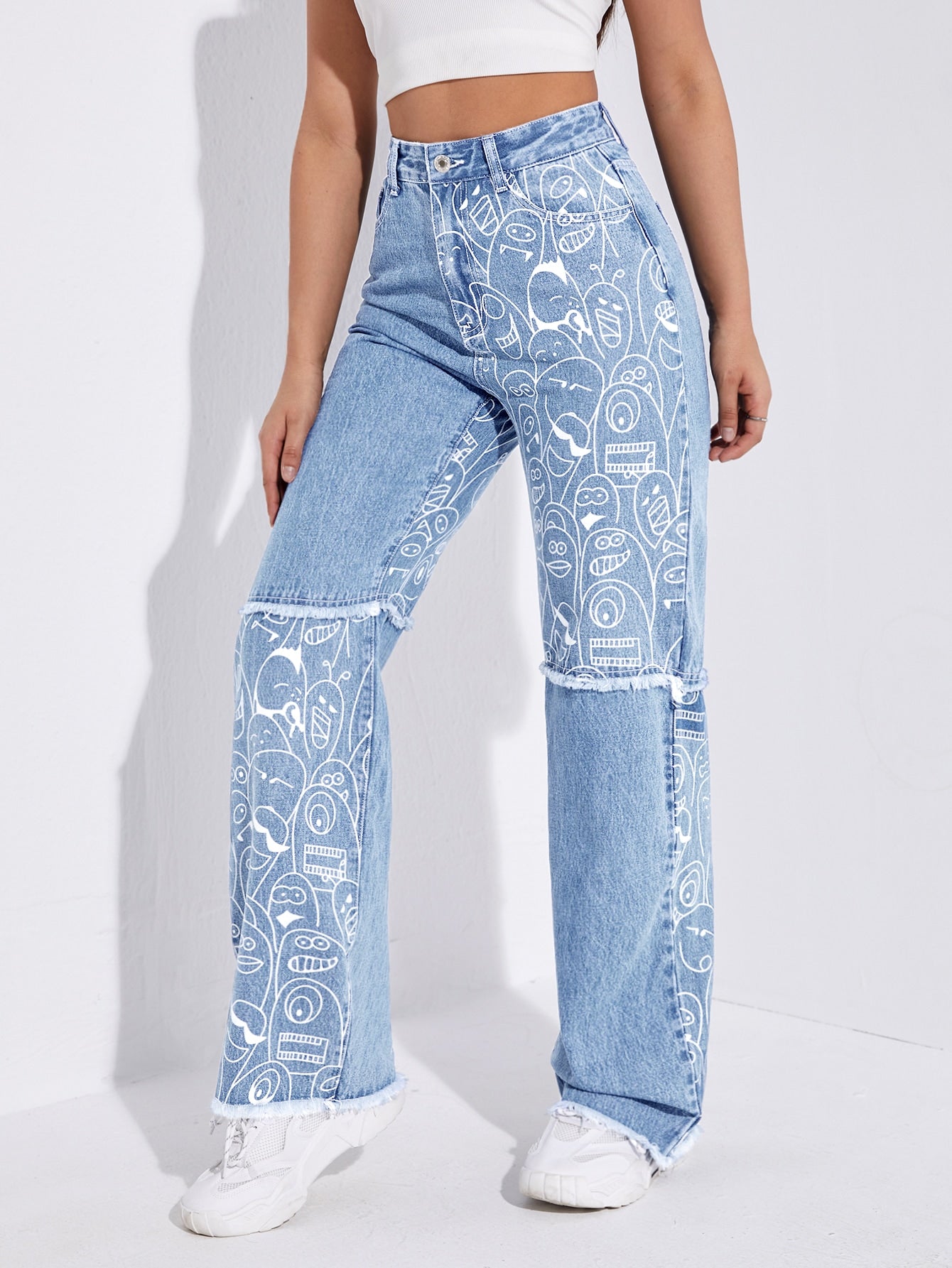 High-Waist Cartoon Print Raw Hem Straight-Leg Jeans for Women