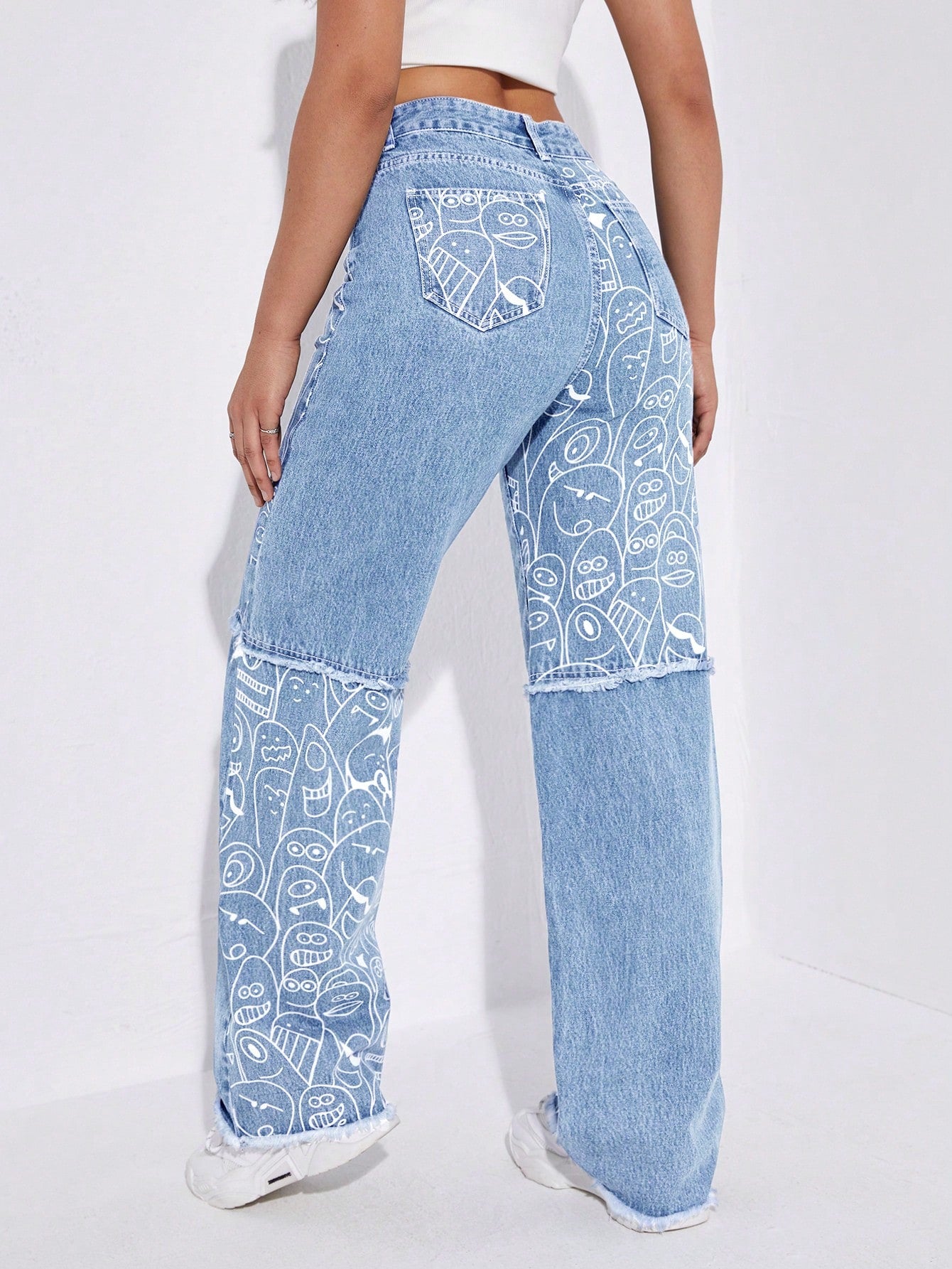 High-Waist Cartoon Print Raw Hem Straight-Leg Jeans for Women