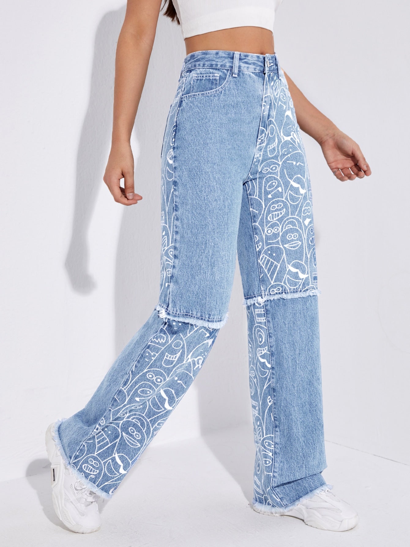 High-Waist Cartoon Print Raw Hem Straight-Leg Jeans for Women
