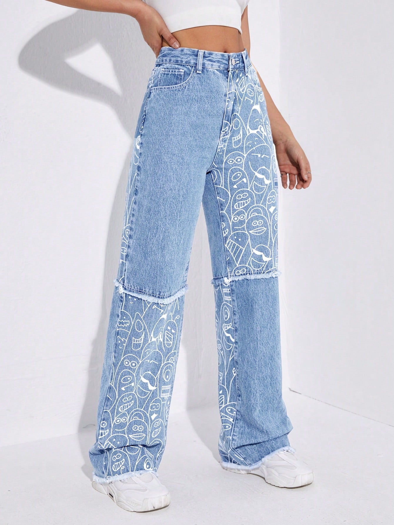 High-Waist Cartoon Print Raw Hem Straight-Leg Jeans for Women