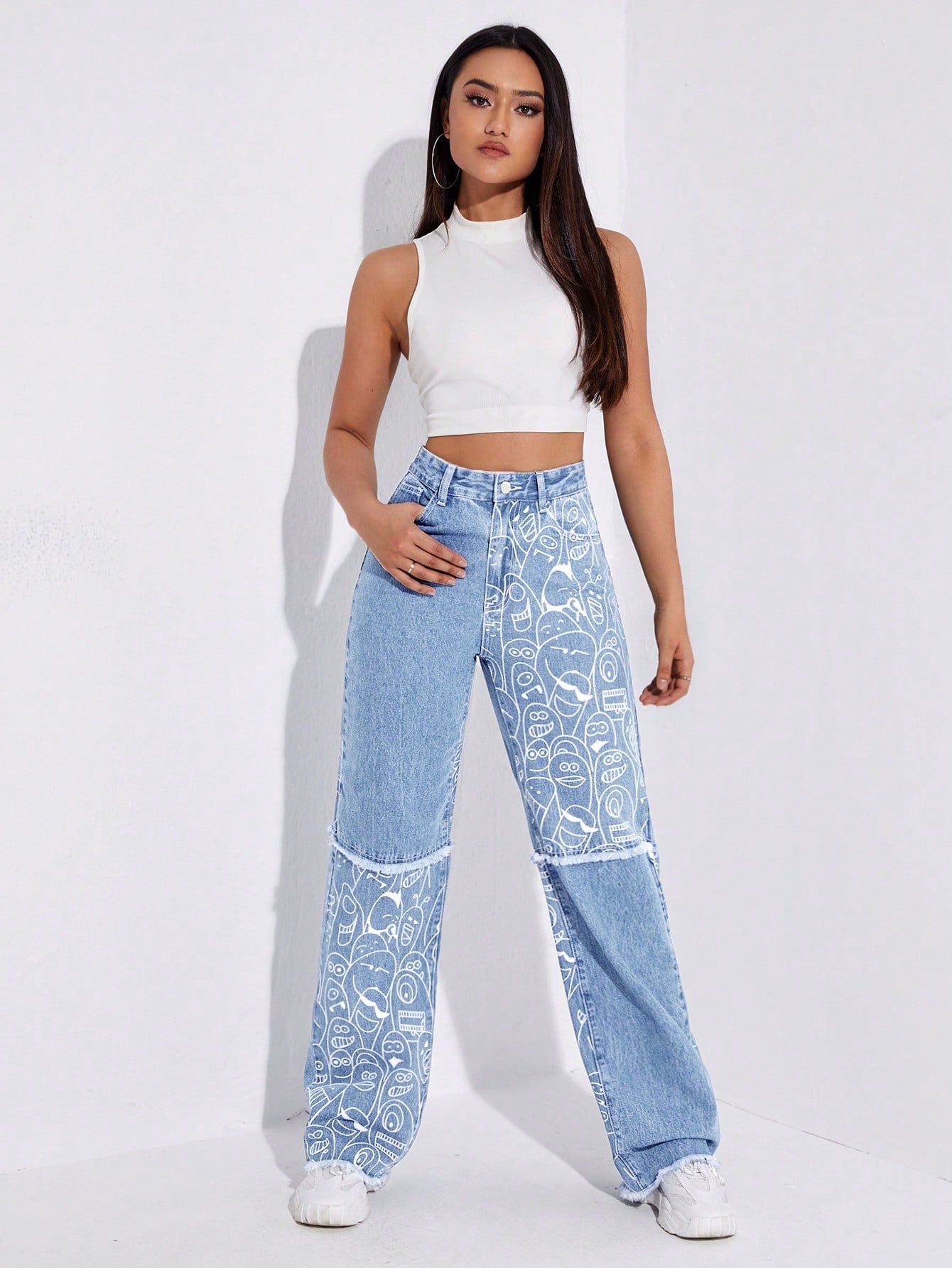 High-Waist Cartoon Print Raw Hem Straight-Leg Jeans for Women