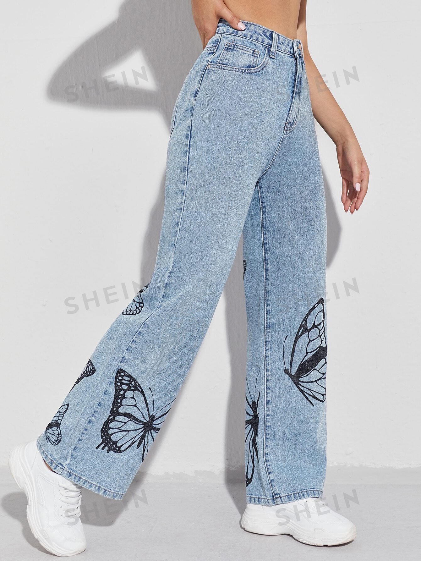 High-Waist Light Blue Butterfly Print Wide-Leg Jeans for Women