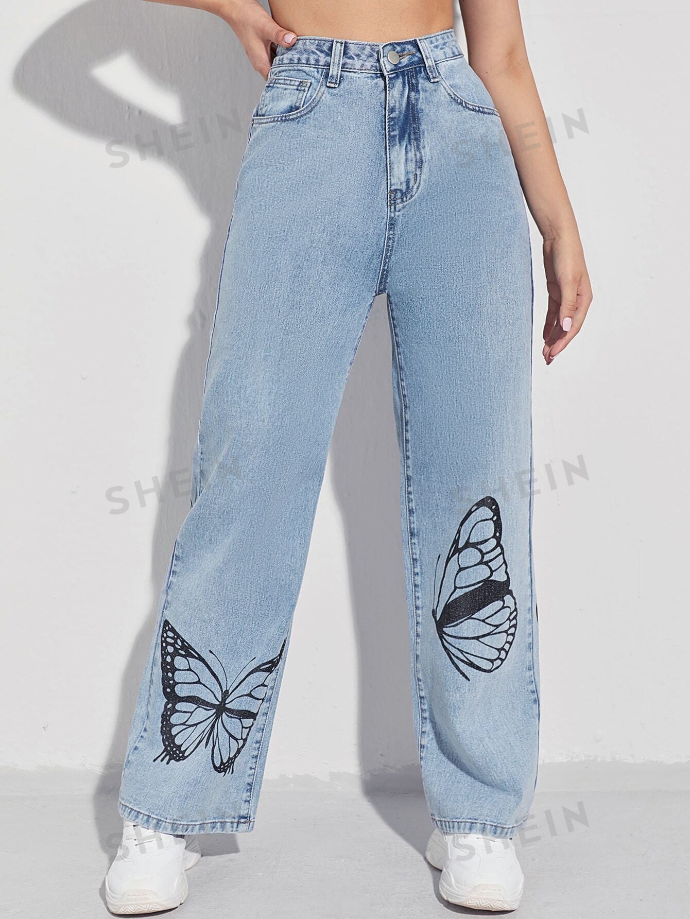 High-Waist Light Blue Butterfly Print Wide-Leg Jeans for Women