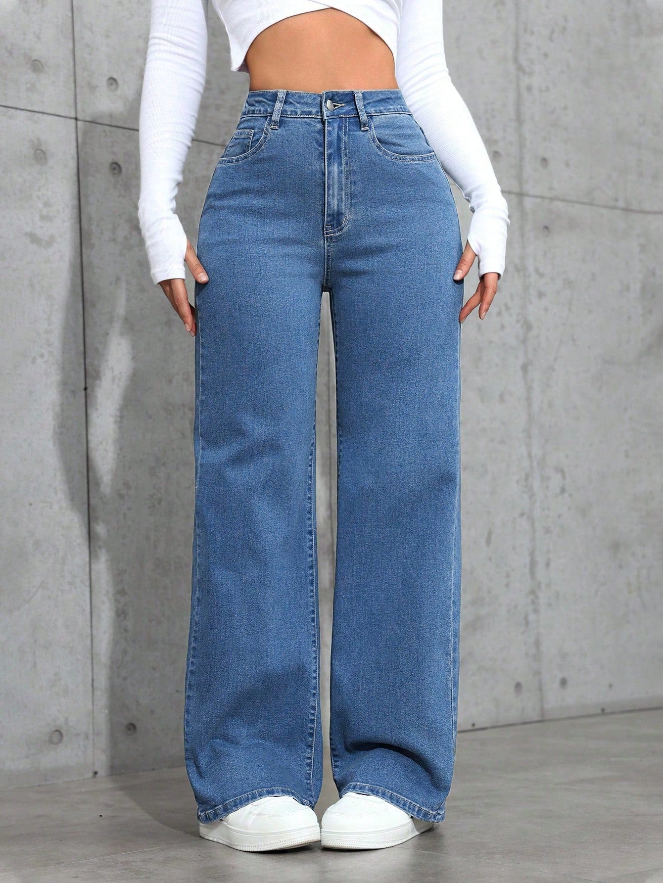 High-Rise Blue Wide-Leg Straight Denim Jeans for Women