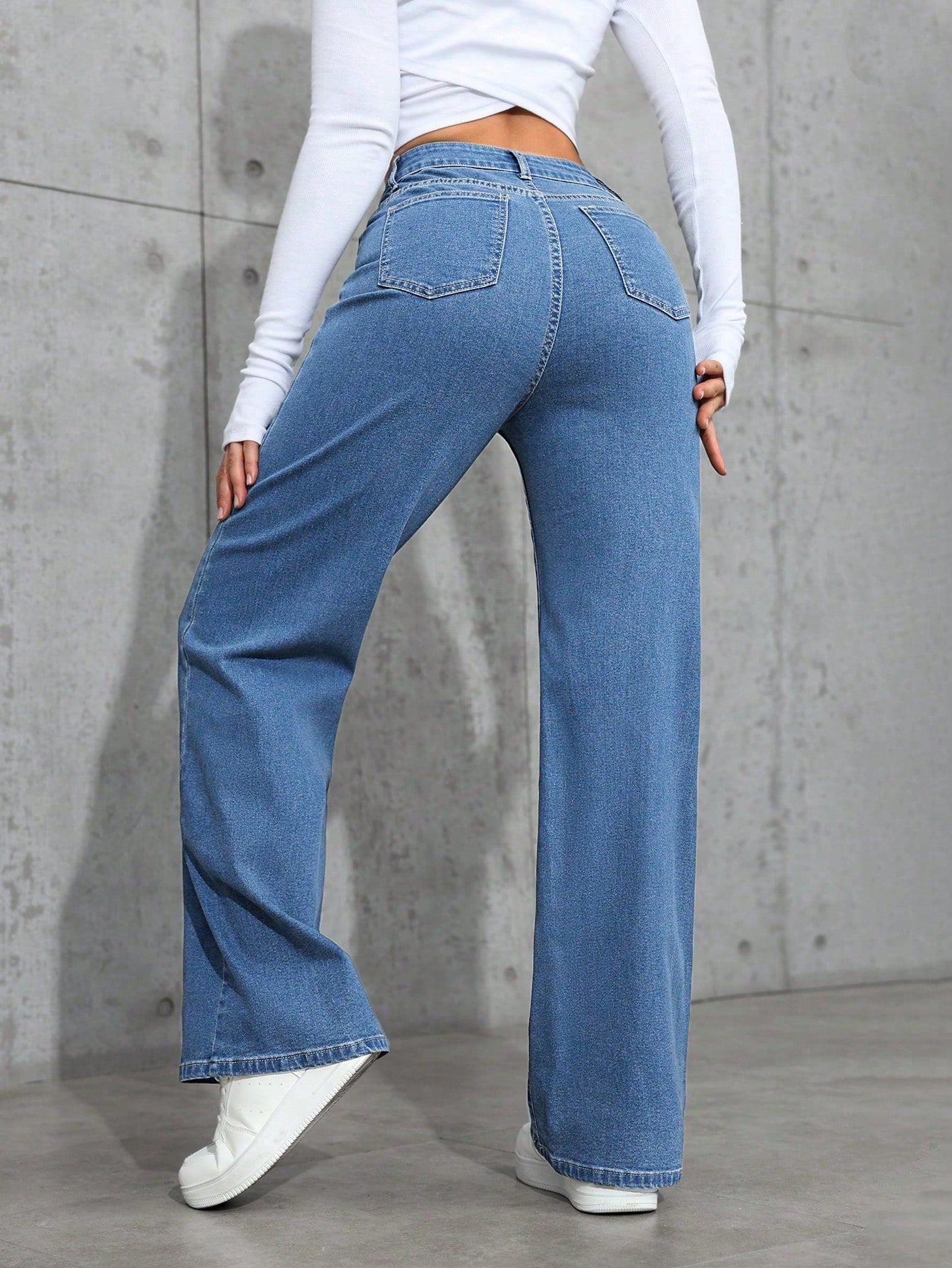 High-Rise Blue Wide-Leg Straight Denim Jeans for Women