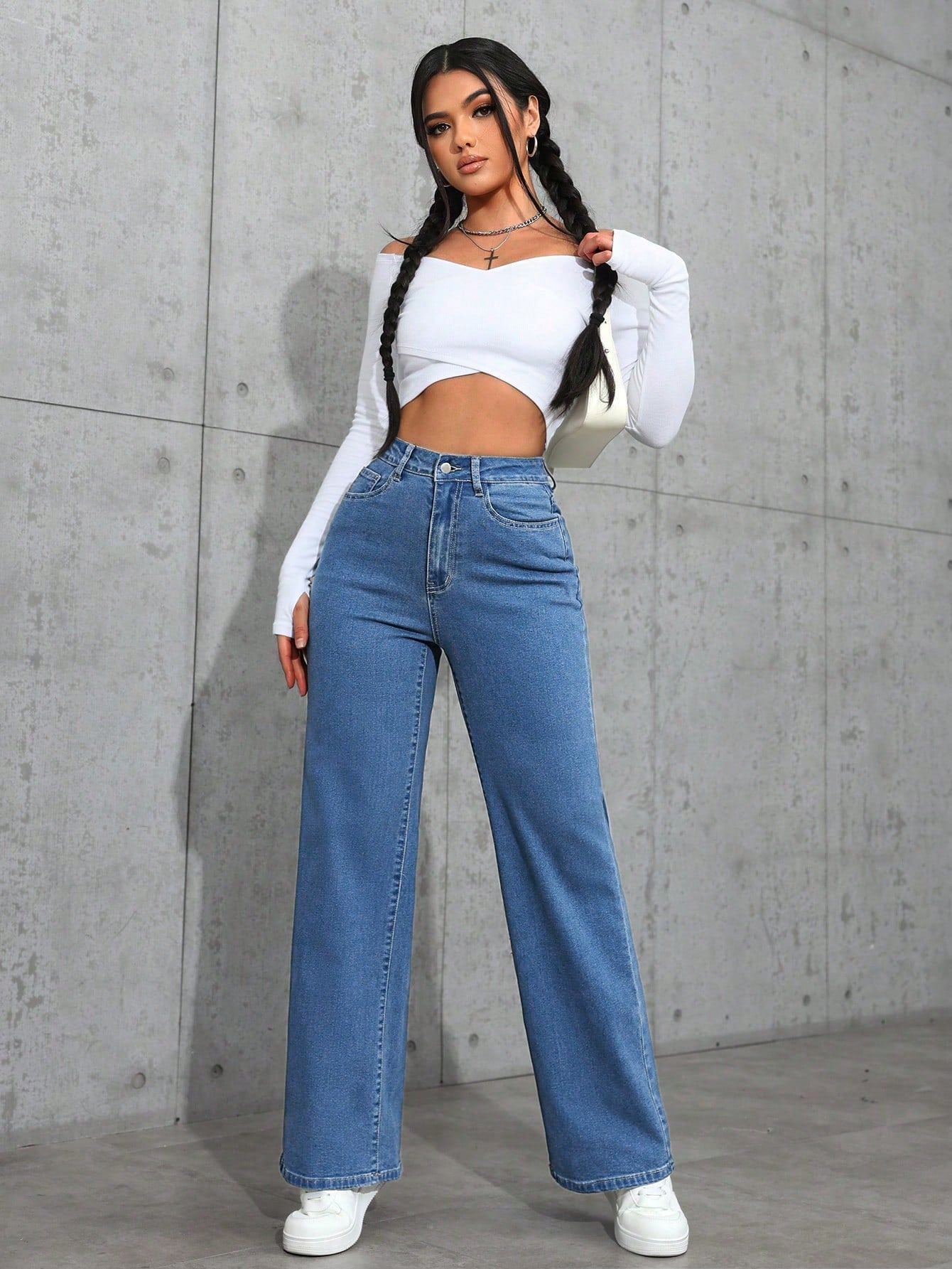 High-Rise Blue Wide-Leg Straight Denim Jeans for Women
