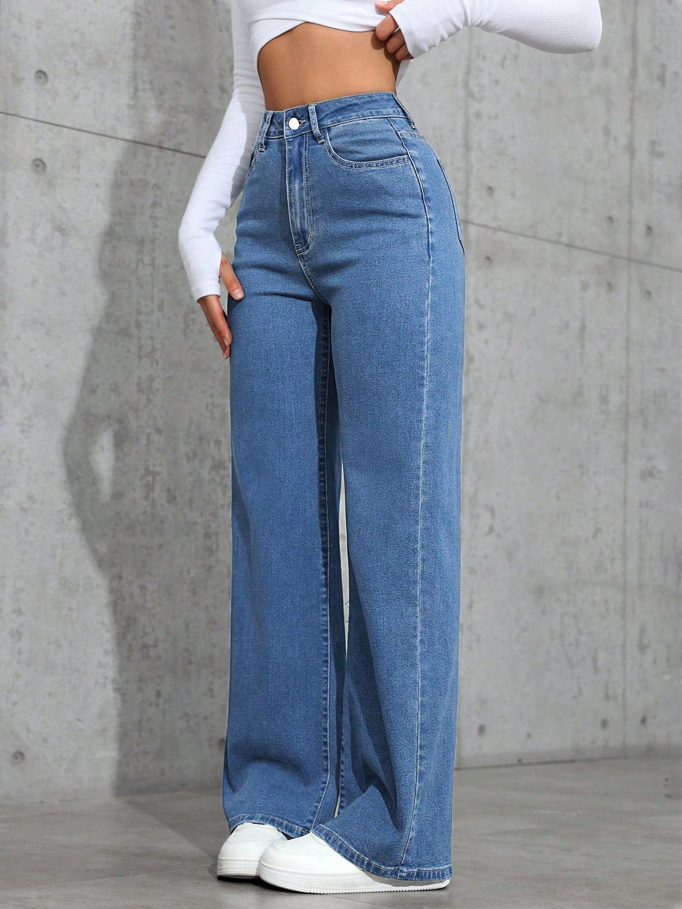 High-Rise Blue Wide-Leg Straight Denim Jeans for Women