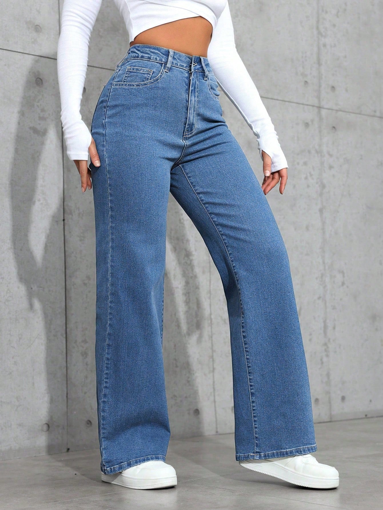 High-Rise Blue Wide-Leg Straight Denim Jeans for Women