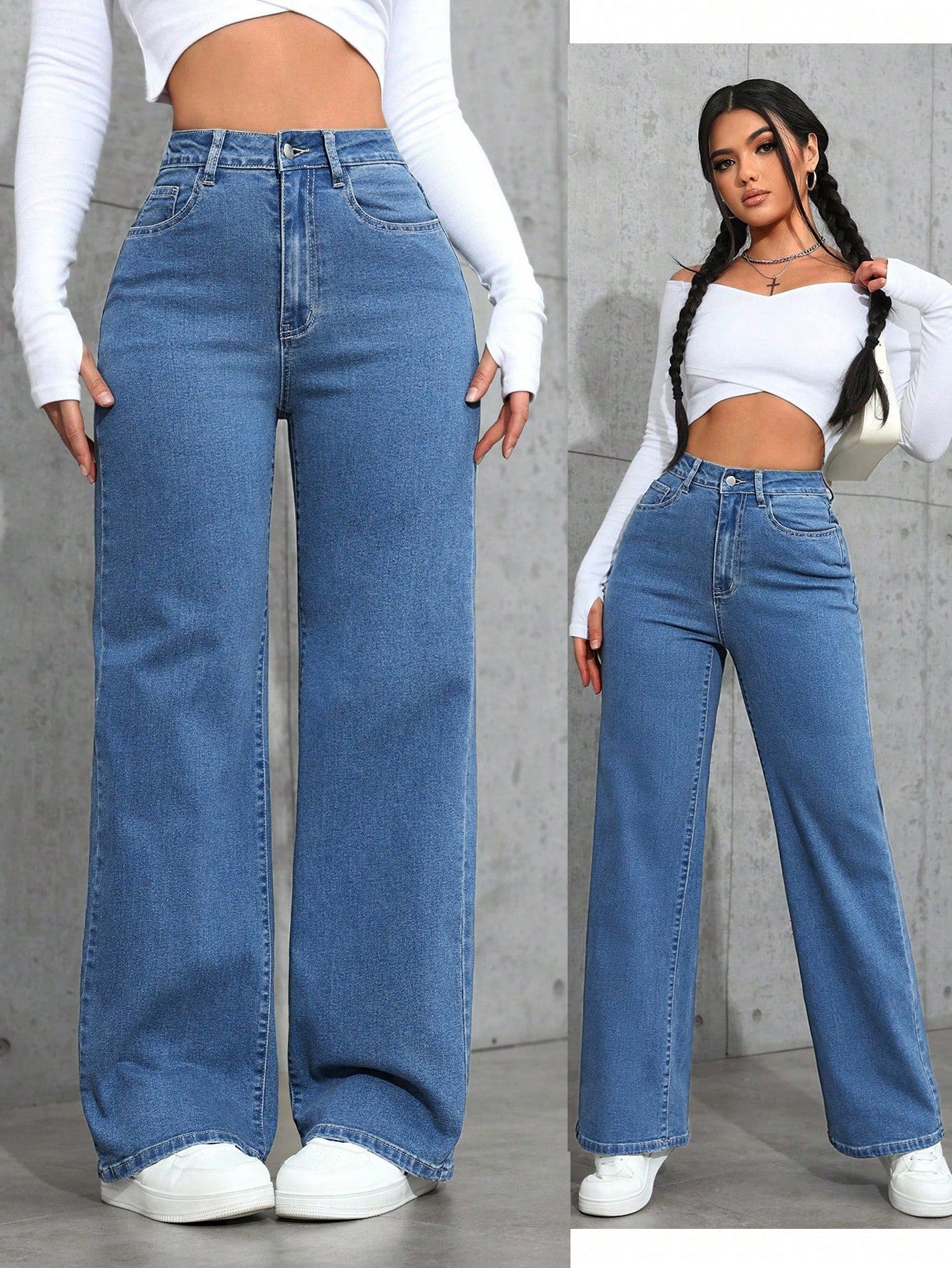 High-Rise Blue Wide-Leg Straight Denim Jeans for Women