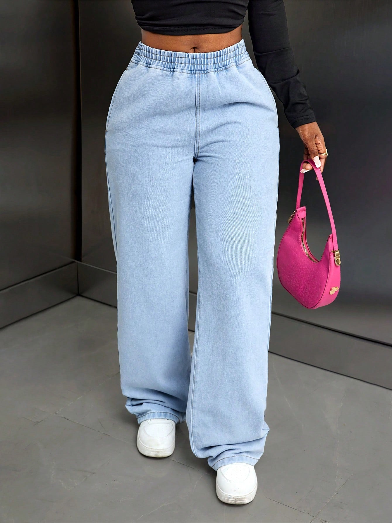High-Waist Light Blue Elastic Waist Wide-Leg Relaxed Fit Denim Pants for Women