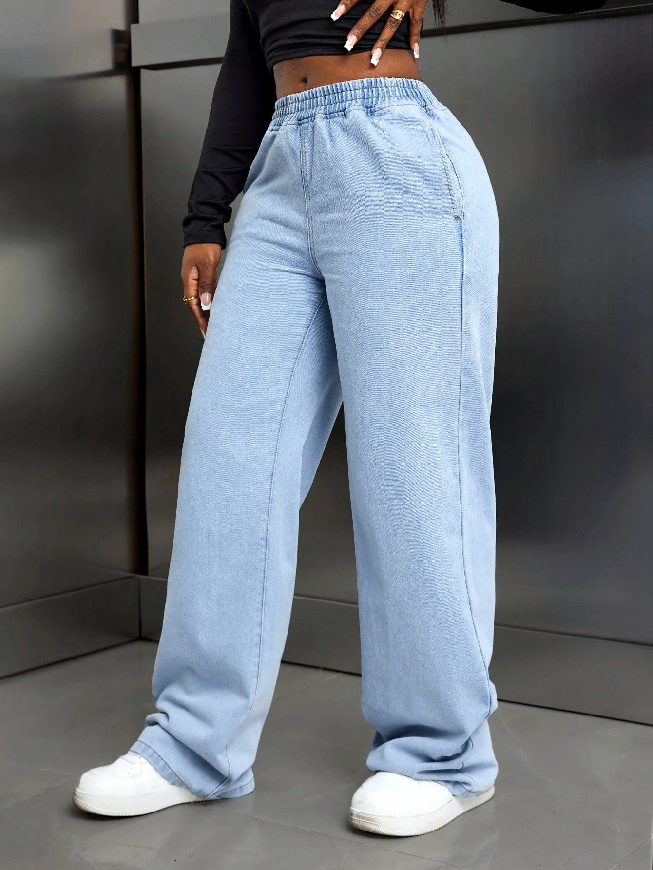 High-Waist Light Blue Elastic Waist Wide-Leg Relaxed Fit Denim Pants for Women