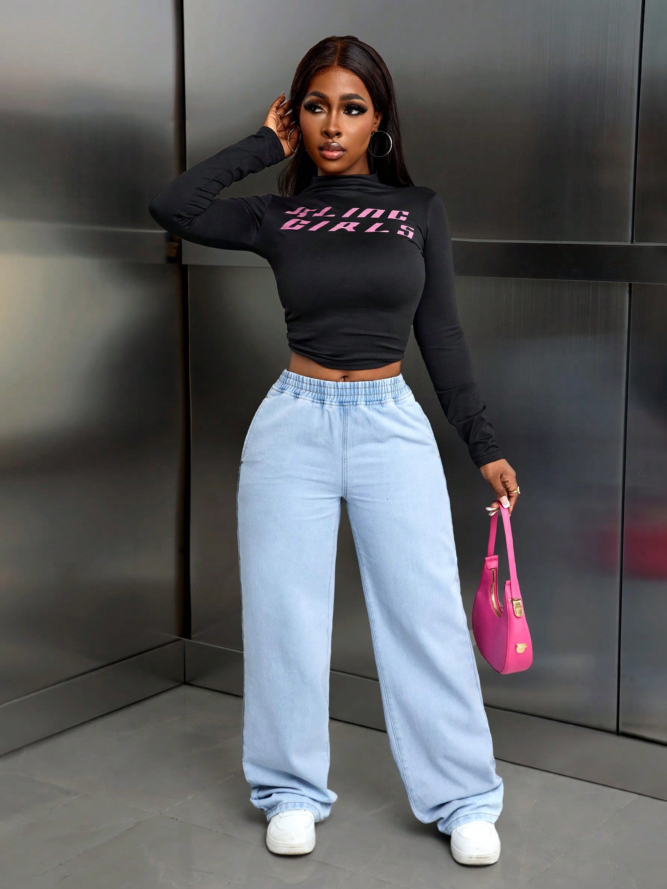 High-Waist Light Blue Elastic Waist Wide-Leg Relaxed Fit Denim Pants for Women