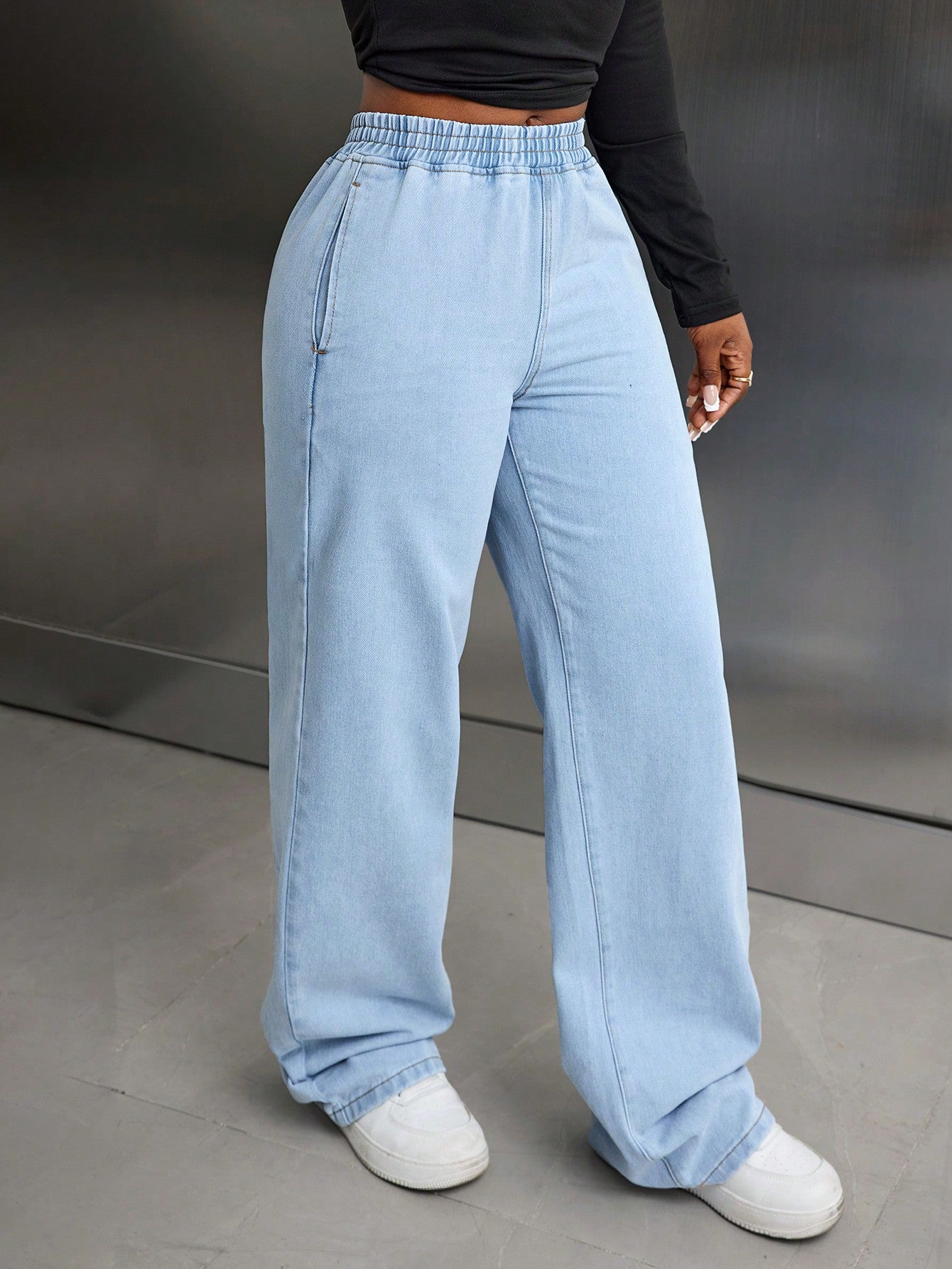 High-Waist Light Blue Elastic Waist Wide-Leg Relaxed Fit Denim Pants for Women