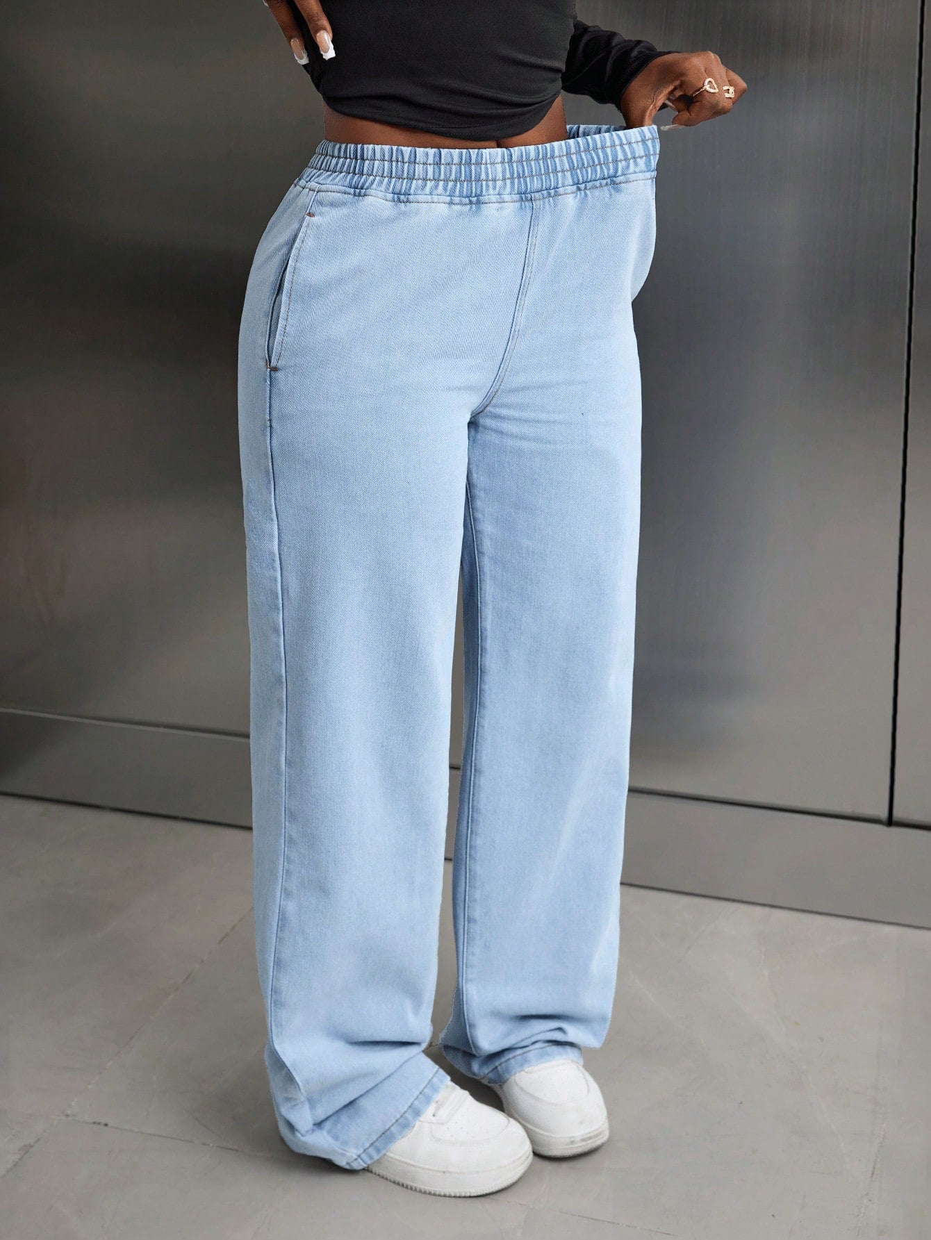 High-Waist Light Blue Elastic Waist Wide-Leg Relaxed Fit Denim Pants for Women