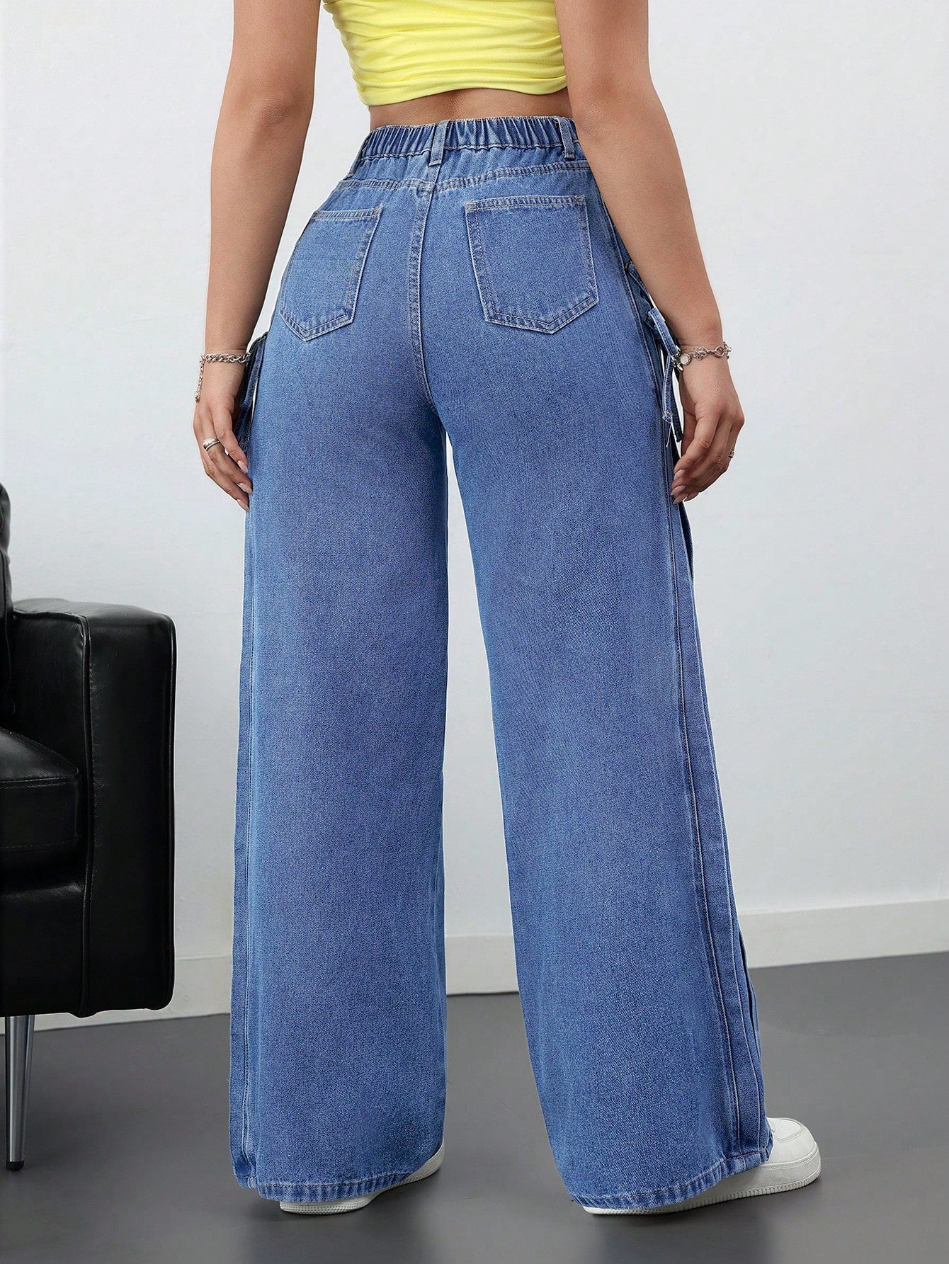 High-Waist Blue Wide-Leg Jeans with Side Tie Bow Detailing for Women