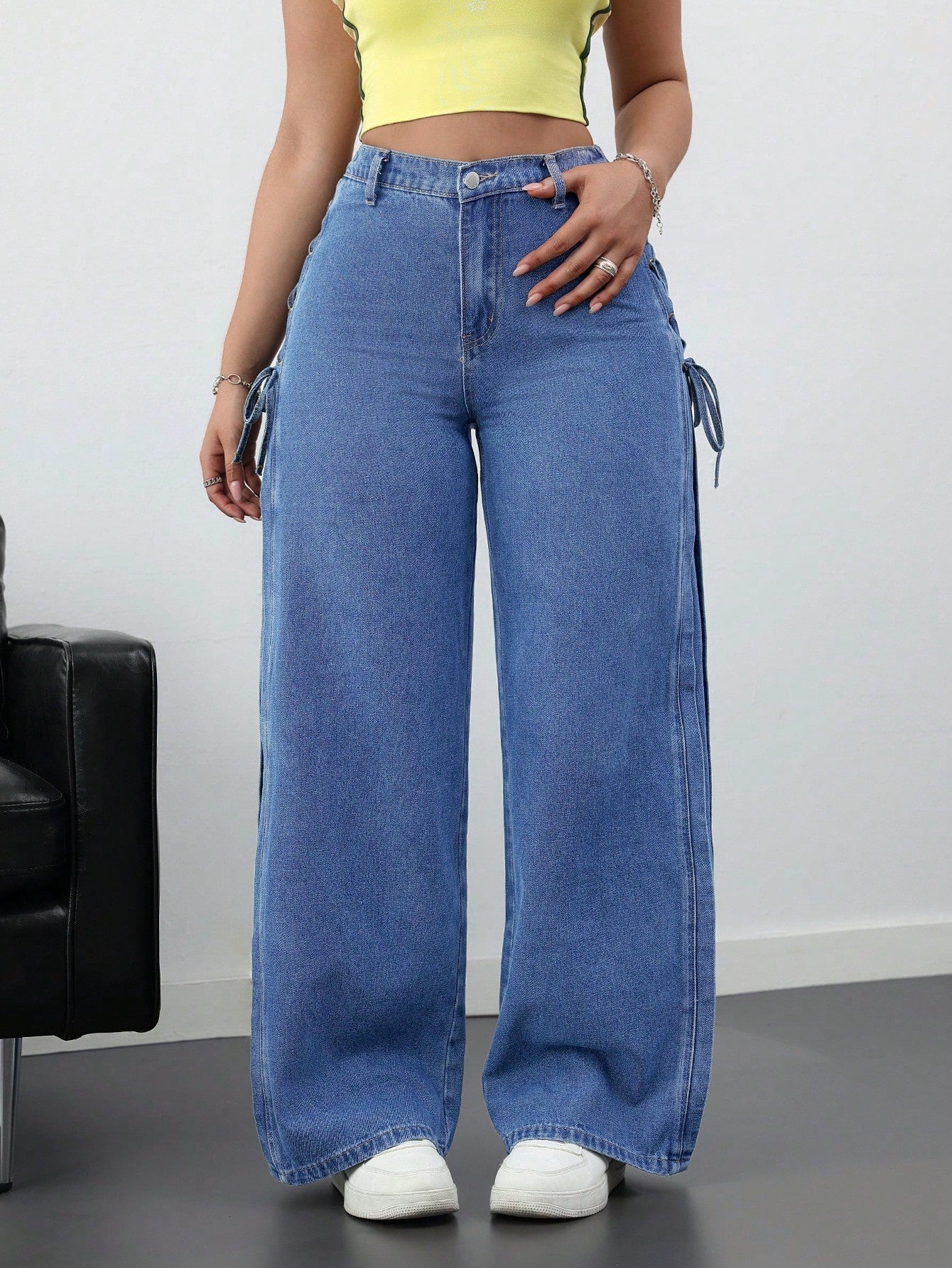 High-Waist Blue Wide-Leg Jeans with Side Tie Bow Detailing for Women