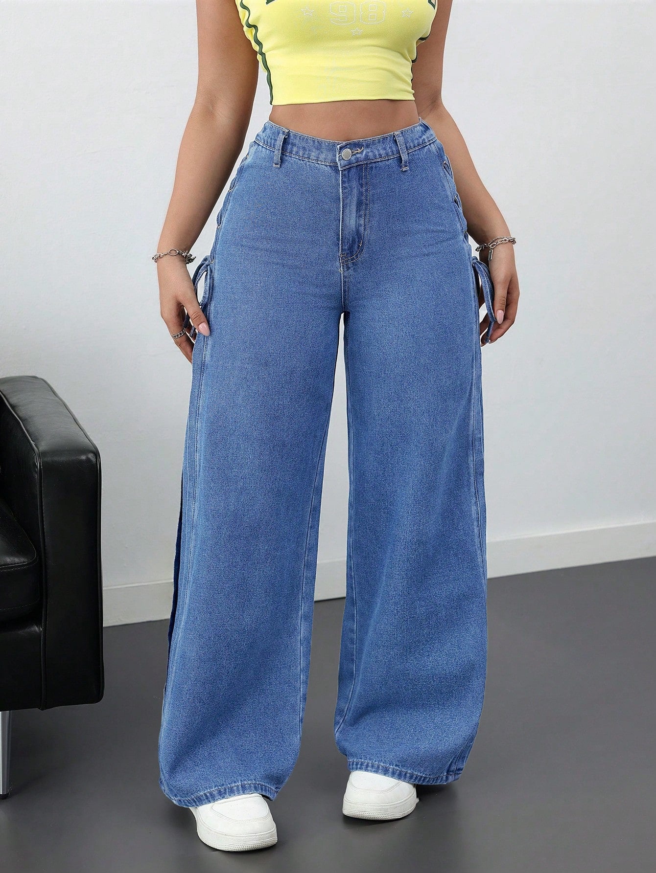 High-Waist Blue Wide-Leg Jeans with Side Tie Bow Detailing for Women