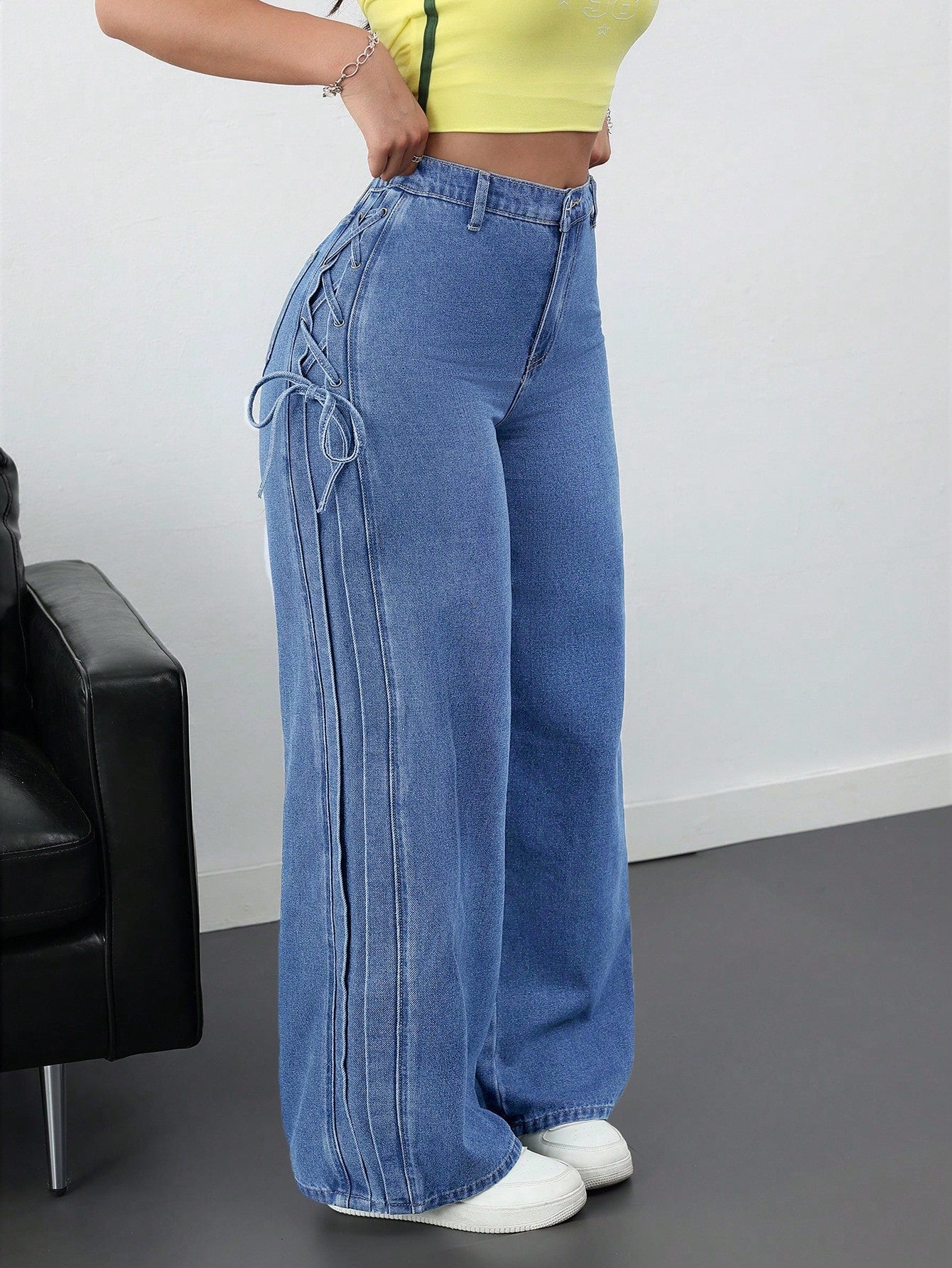 High-Waist Blue Wide-Leg Jeans with Side Tie Bow Detailing for Women