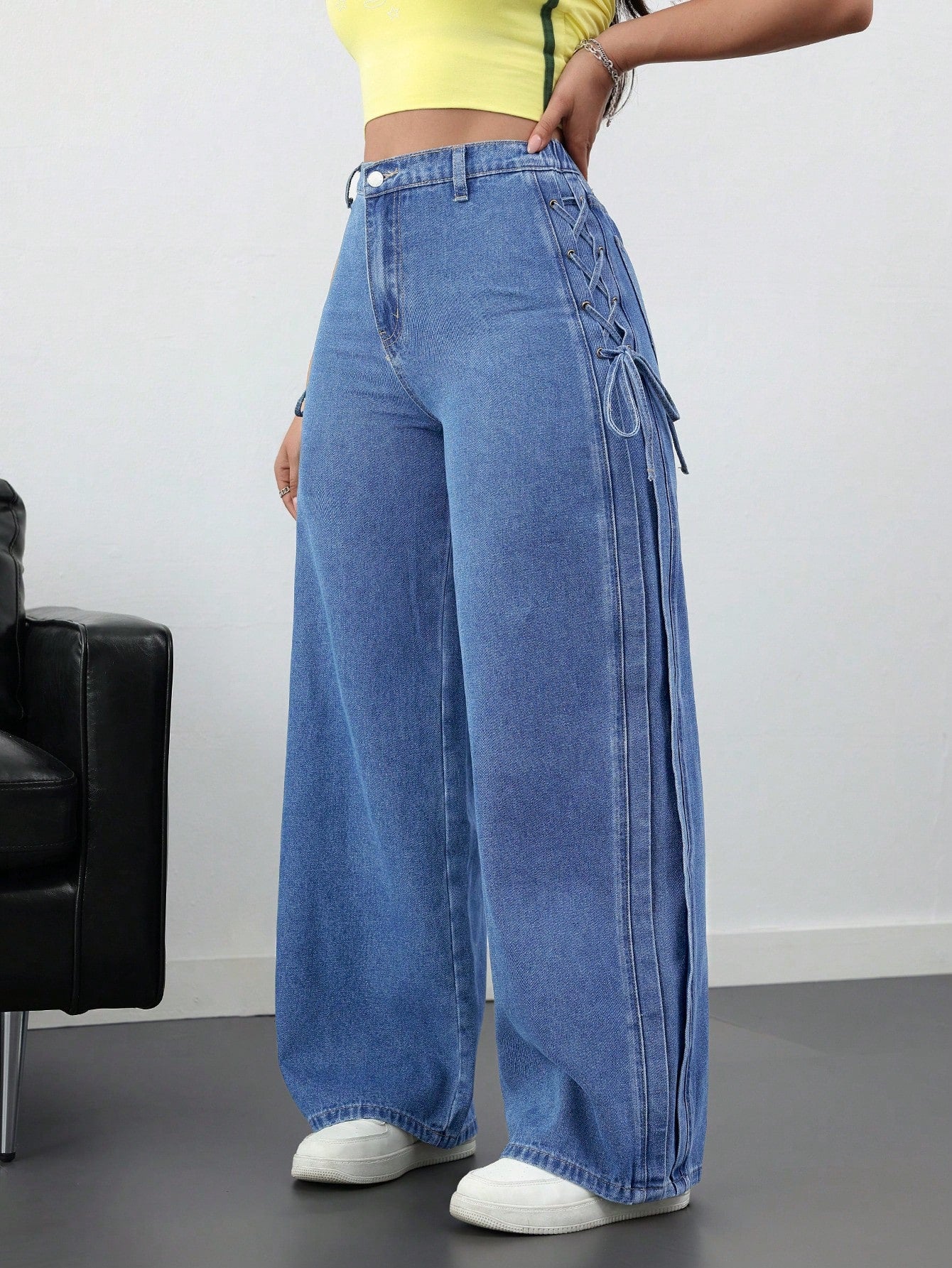 High-Waist Blue Wide-Leg Jeans with Side Tie Bow Detailing for Women