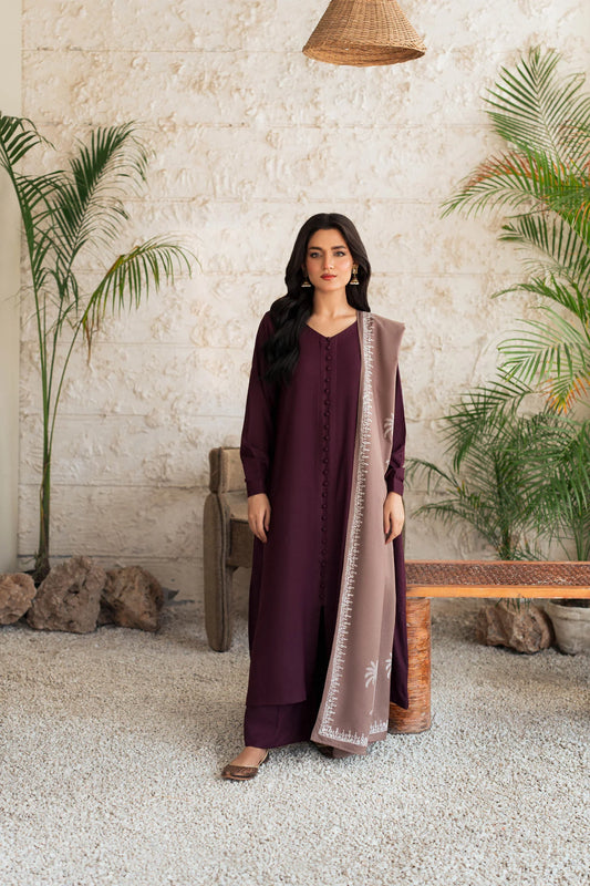 Plum Serenity Embroidered Kurta Set with Contrast Shawl