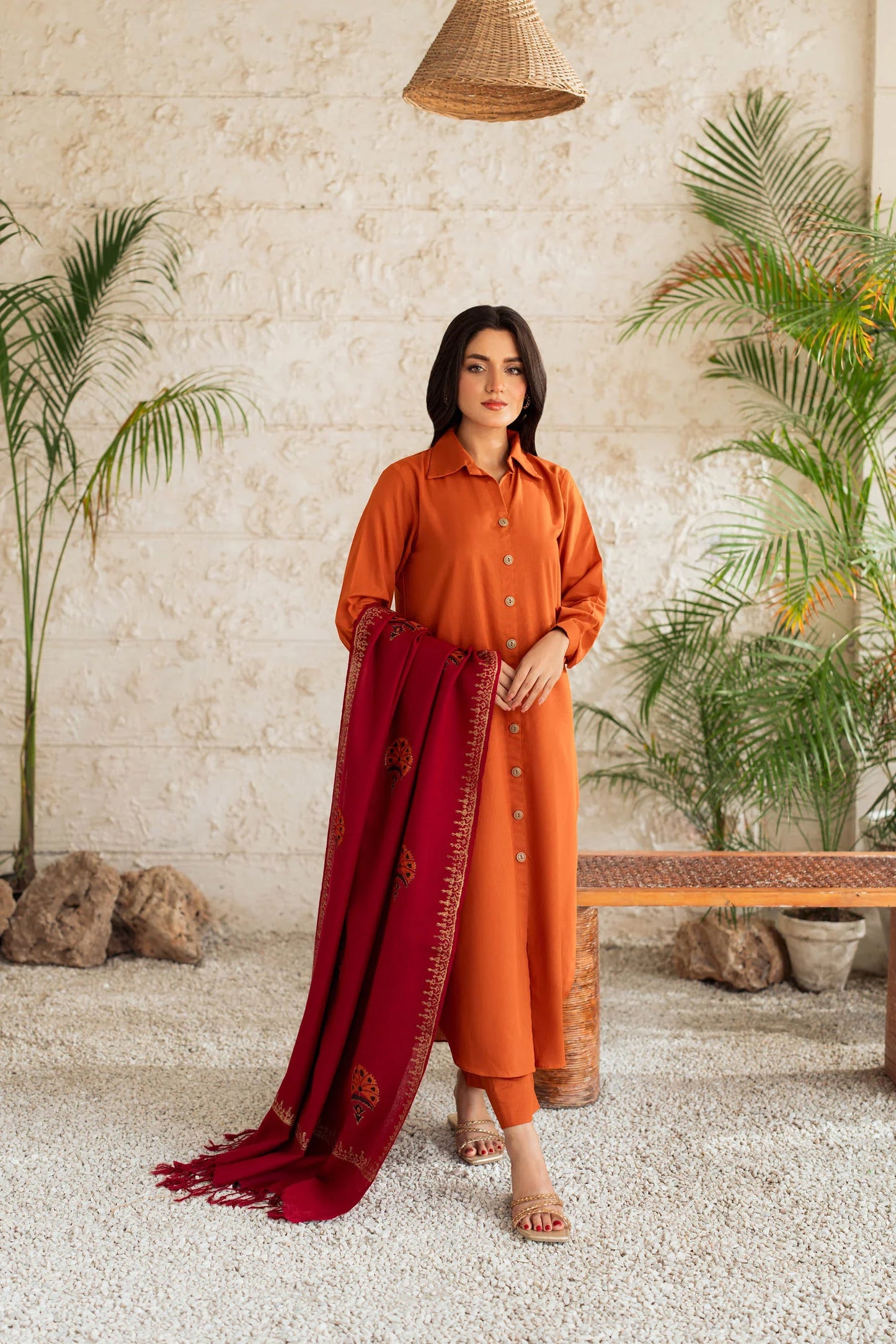 Amber Rust Button-Down Kurta Set with Maroon Embroidered Shawl