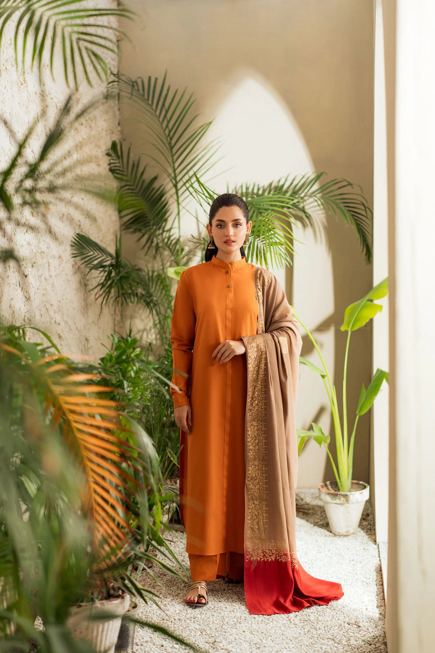 Saffron Glow Winter Kurta Set with Dual-Tone Embroidered Shawl