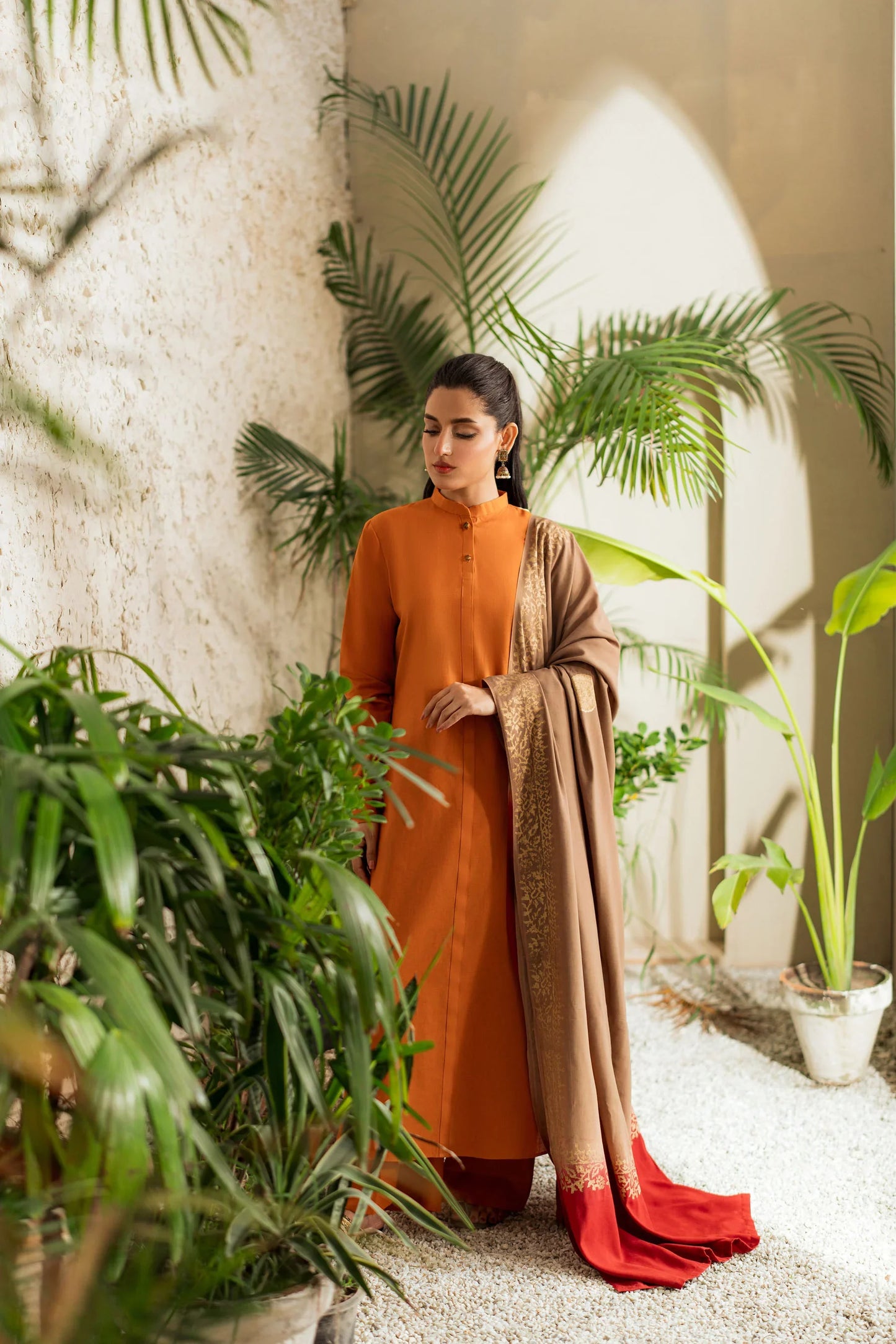 Saffron Glow Winter Kurta Set with Dual-Tone Embroidered Shawl