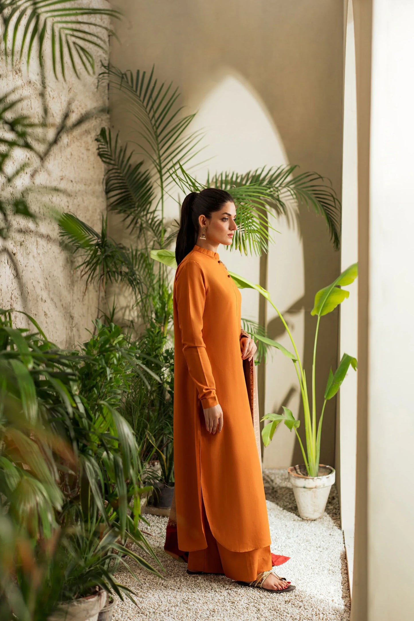 Saffron Glow Winter Kurta Set with Dual-Tone Embroidered Shawl