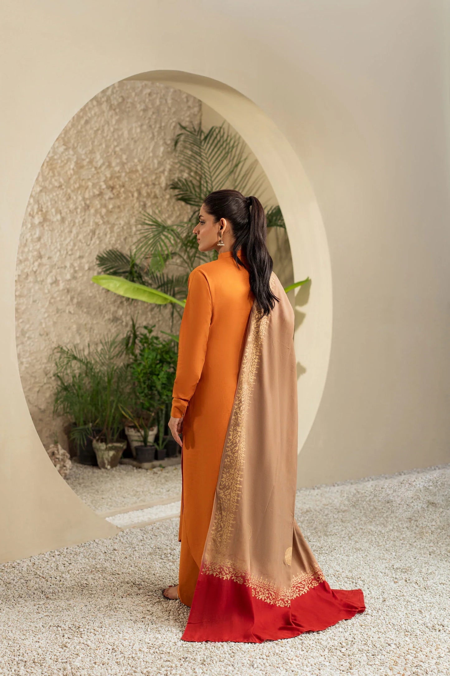 Saffron Glow Winter Kurta Set with Dual-Tone Embroidered Shawl