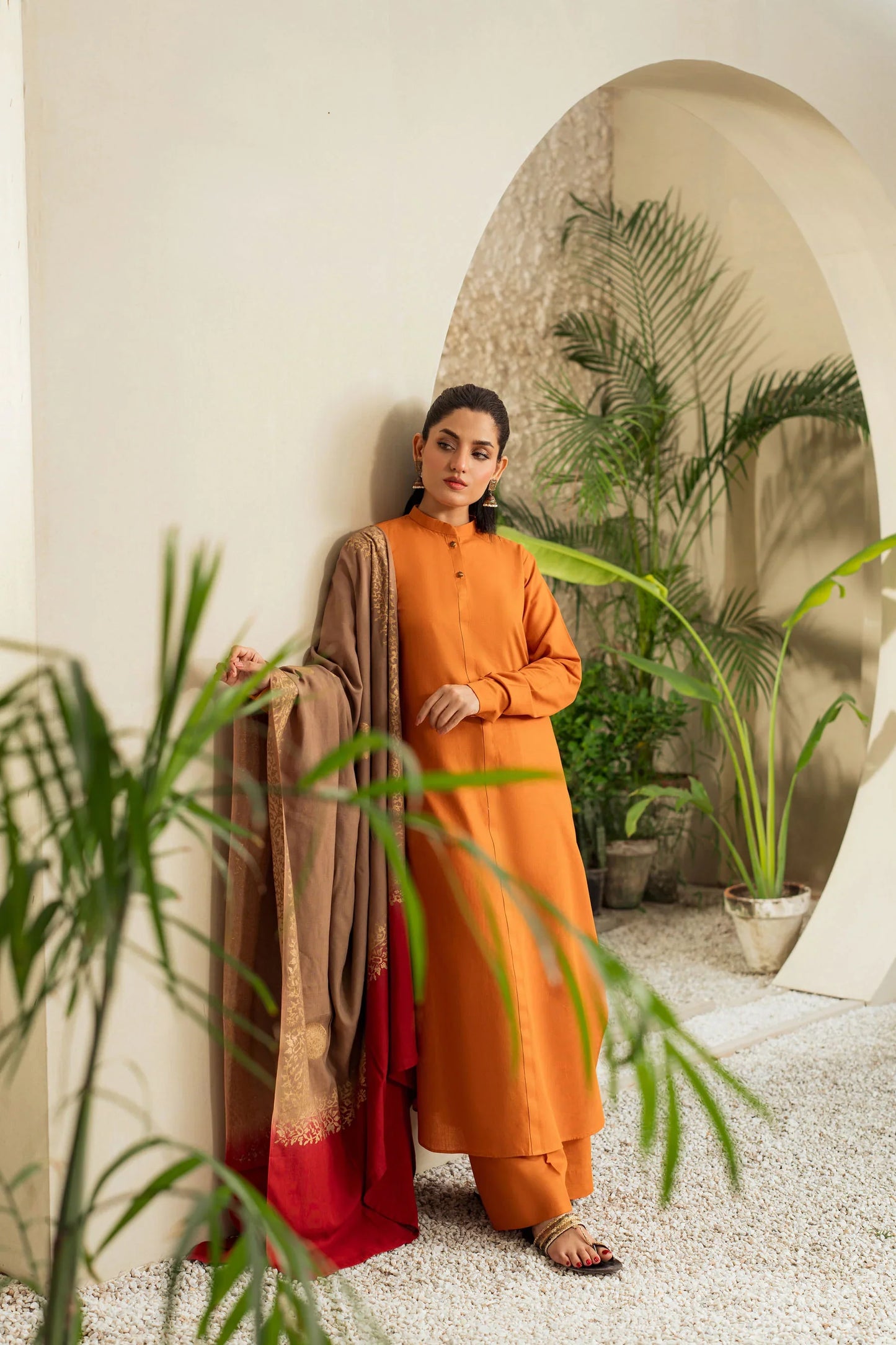 Saffron Glow Winter Kurta Set with Dual-Tone Embroidered Shawl